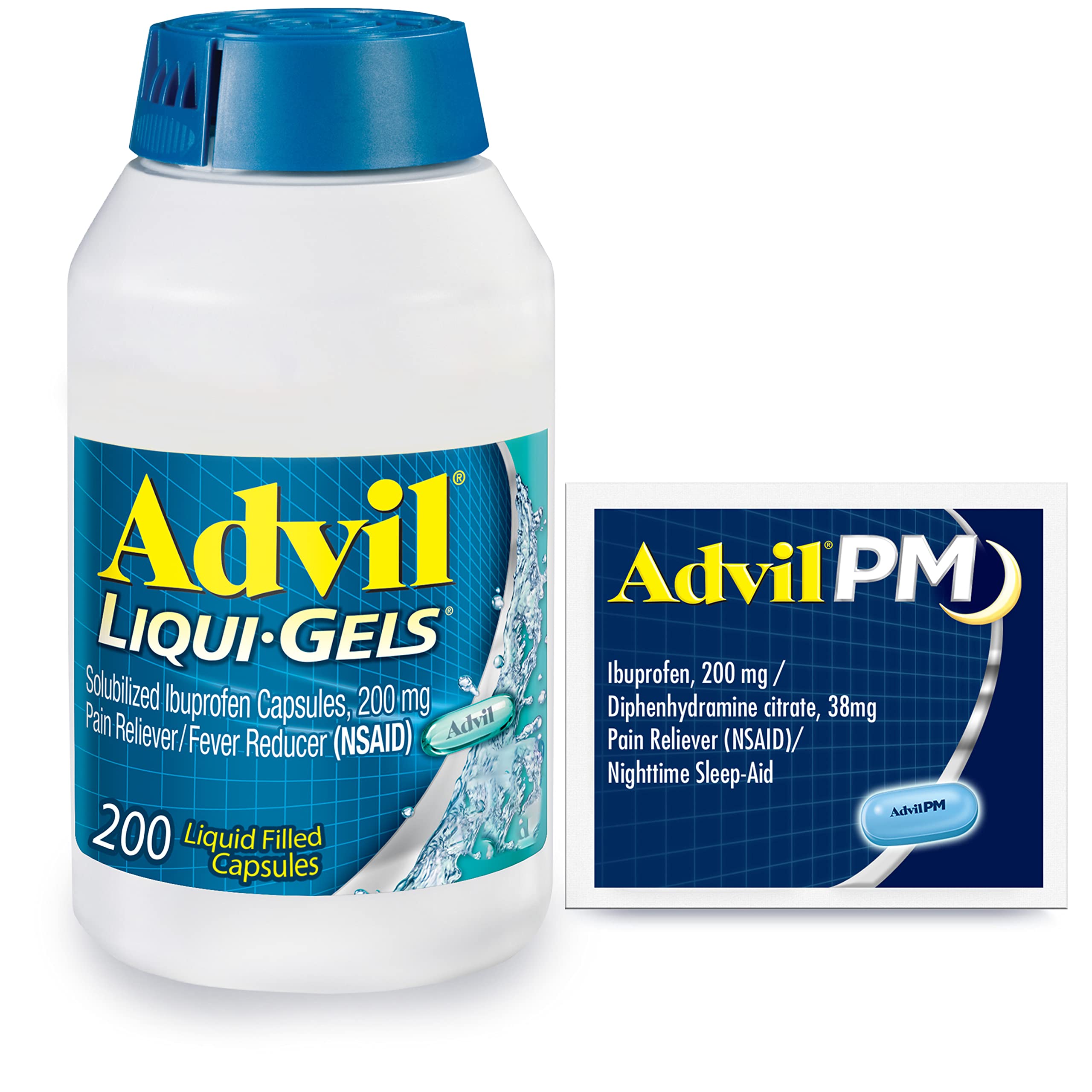 Advil Liqui-Gels Pain Reliever and Fever Reducer, Pain Medicine for Adults with Ibuprofen 200mg for Headache, Backache, Menstrual Pain and Joint Pain Relief - 200 Capsules, Advil PM Ibuprofen - 2 Ct AdvilAu supplements