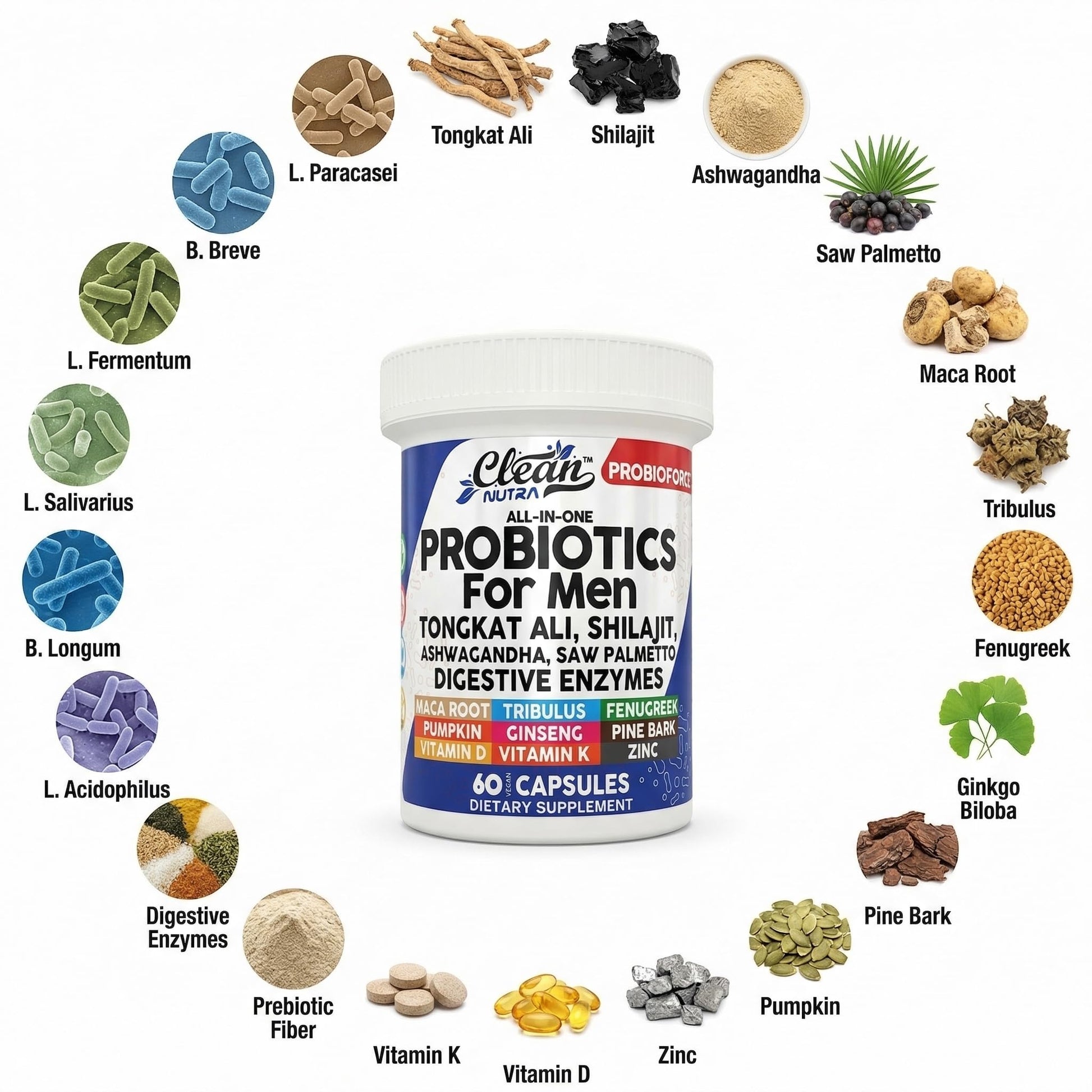 Clean Nutra Probiotics for Men | Tongkat Ali, Saw Palmetto, Tribulus, Ginseng, Ashwagandha, Maca, Pumpkin, Gingko Biloba, Pine Bark, Fenugreek, Shilajit, Zinc - Mens Probiotic 60 Capsules Clean NutraceuticalsAu supplements