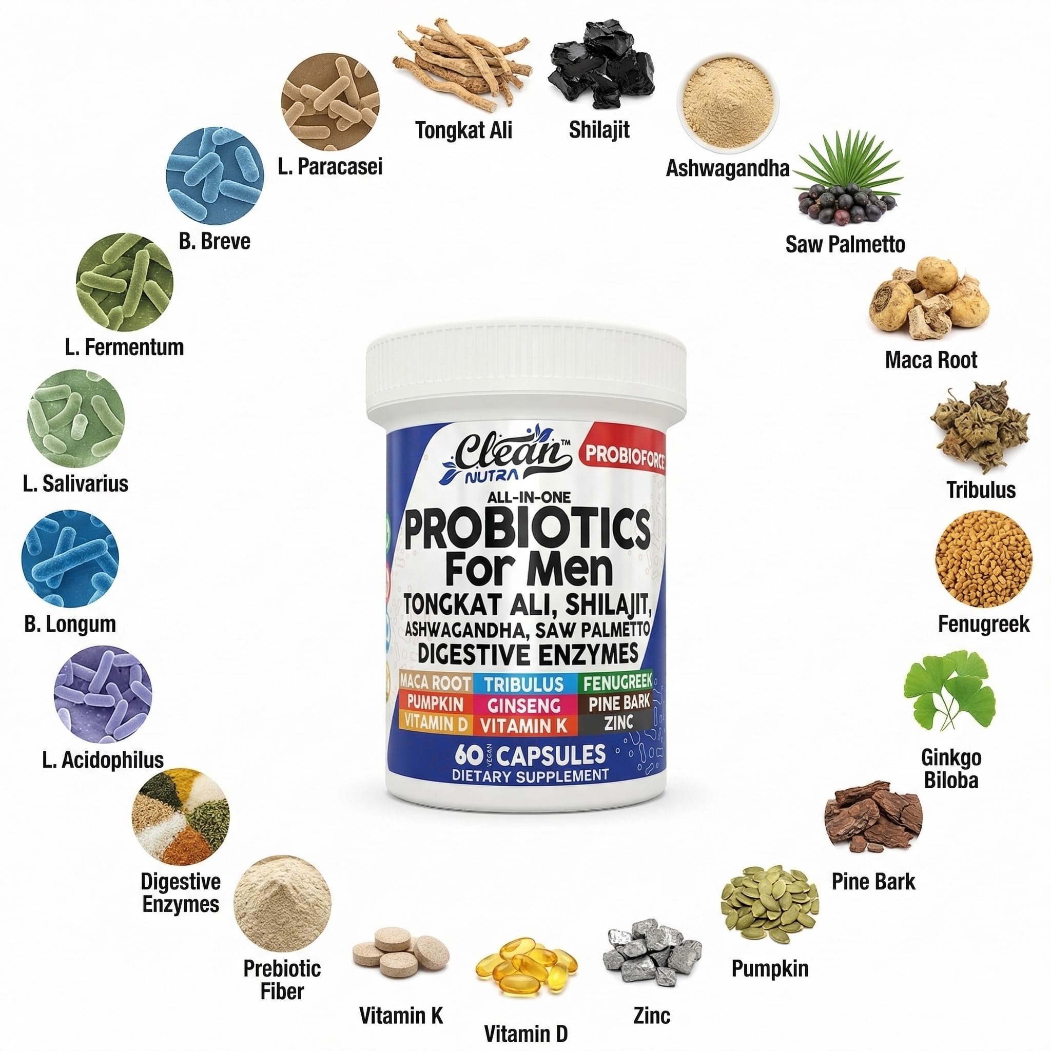 Clean Nutra Probiotics for Men | Tongkat Ali, Saw Palmetto, Tribulus, Ginseng, Ashwagandha, Maca, Pumpkin, Gingko Biloba, Pine Bark, Fenugreek, Shilajit, Zinc - Mens Probiotic 60 Capsules Clean NutraceuticalsAu supplements