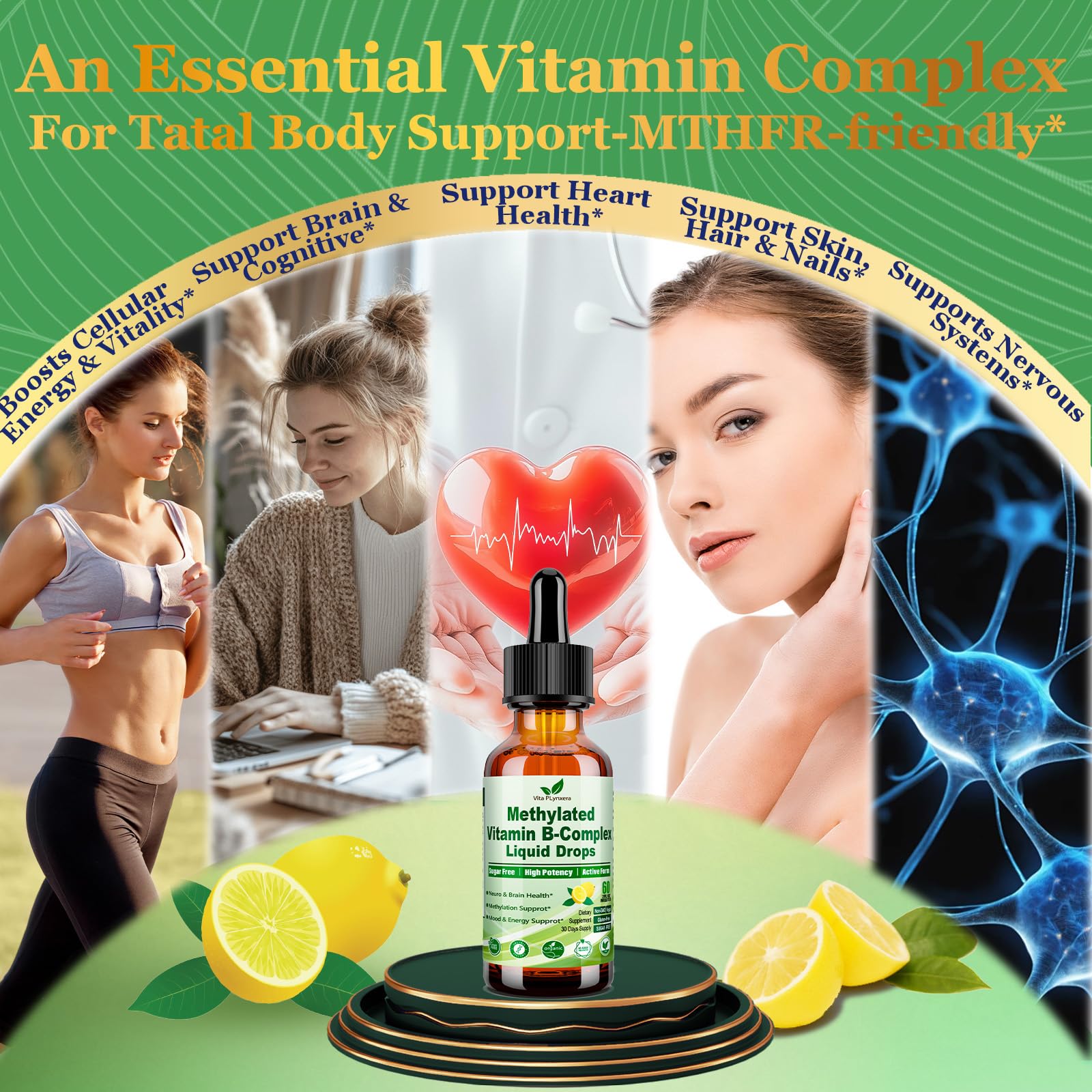 Methylated B Complex Liquid Drop Complete 9-in-1 Methyl B Vitamins w. B12 Methylfolate Inositol Choline TMG Vitamin C E, Super B-Complex Methylated for MTHFR Support, Energy Mood Nerve & Brain Health1 Vita PLynxeraAu supplements