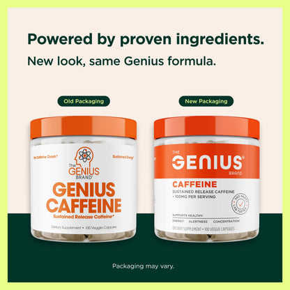 Genius Caffeine - Sustained-Release Microencapsulated Caffeine Pills for Smooth, Long-Lasting Energy & Focus - No Jitters or Crash - 100mg per Capsule - 100 Servings - Natural Performance Booster The Genius BrandUS supplements