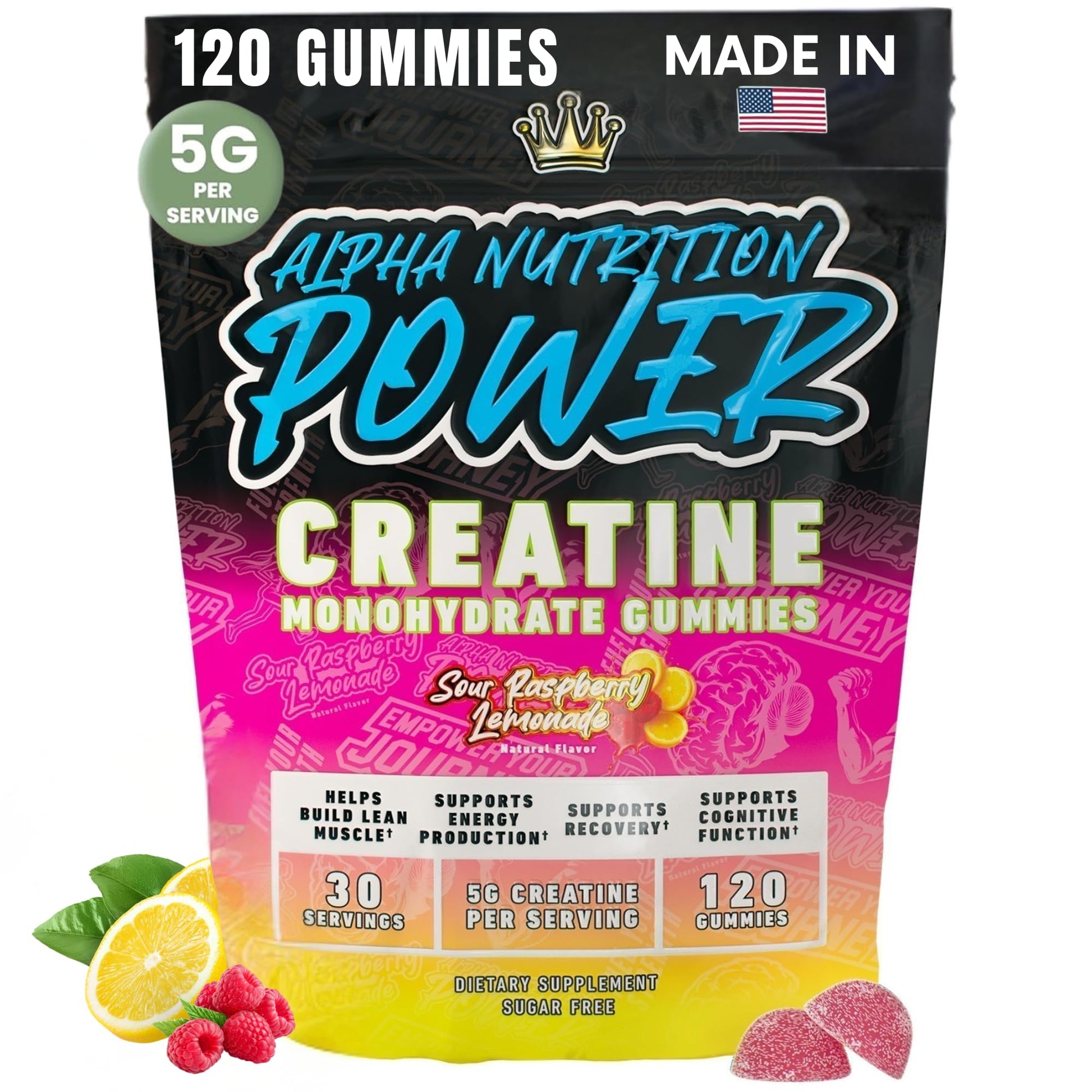 Creatine Monohydrate Gummies 5g - Raspberry Lemonade Flavored Creatine for Women and Men - Supplement for Muscle Gain, Strength, Energy, Cognitive Health, Pre and Post Workout, Recovery, (120 Gummies) Alpha Nutrition PowerAu supplements