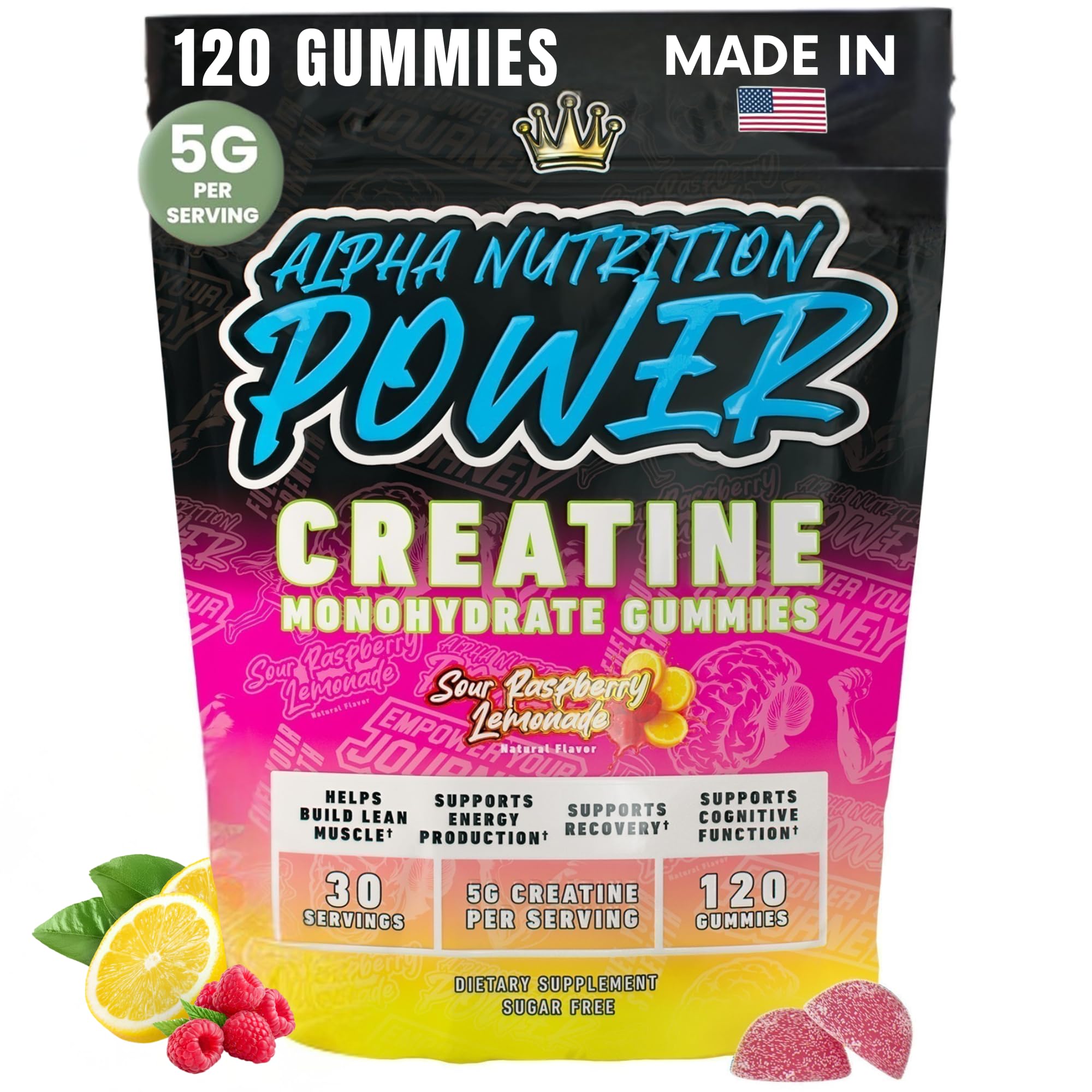 Creatine Monohydrate Gummies 5g - Raspberry Lemonade Flavored Creatine for Women and Men - Supplement for Muscle Gain, Strength, Energy, Cognitive Health, Pre and Post Workout, Recovery, (120 Gummies) Alpha Nutrition PowerAu supplements
