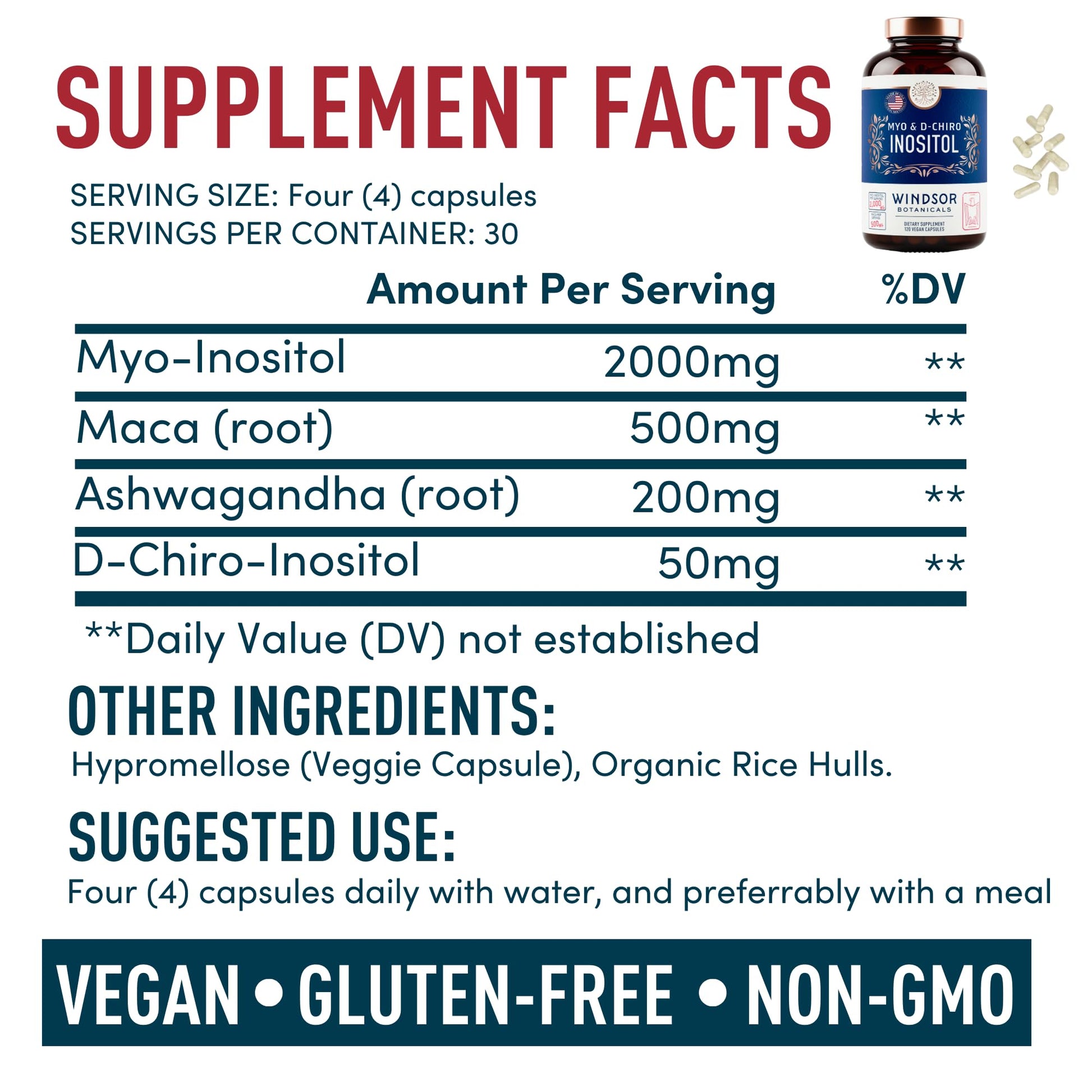Myo-Inositol & D-Chiro Inositol 40:1 Ratio 2,000 mg - PCOS Supplements with Maca Root & Ashwagandha - Ovarian Health Support Vitamins - Hormone & Fertility Supplements for Women - 120 Vegan Caps WINDSOR BOTANICALSAu supplements