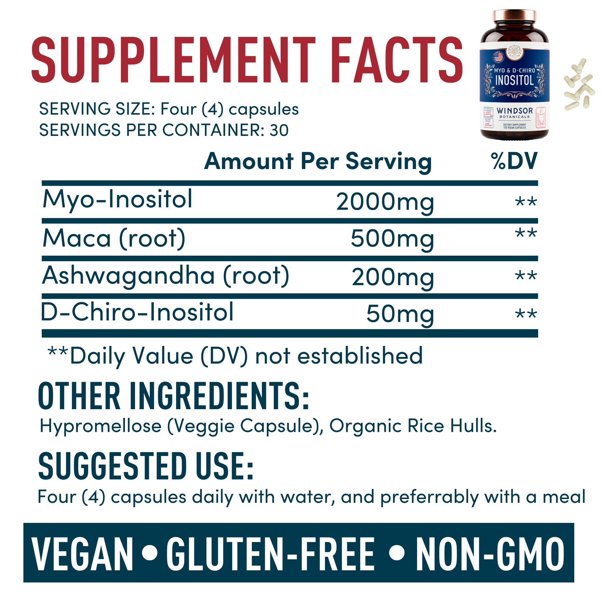 Myo-Inositol & D-Chiro Inositol 40:1 Ratio 2,000 mg - PCOS Supplements with Maca Root & Ashwagandha - Ovarian Health Support Vitamins - Hormone & Fertility Supplements for Women - 120 Vegan Caps WINDSOR BOTANICALSAu supplements