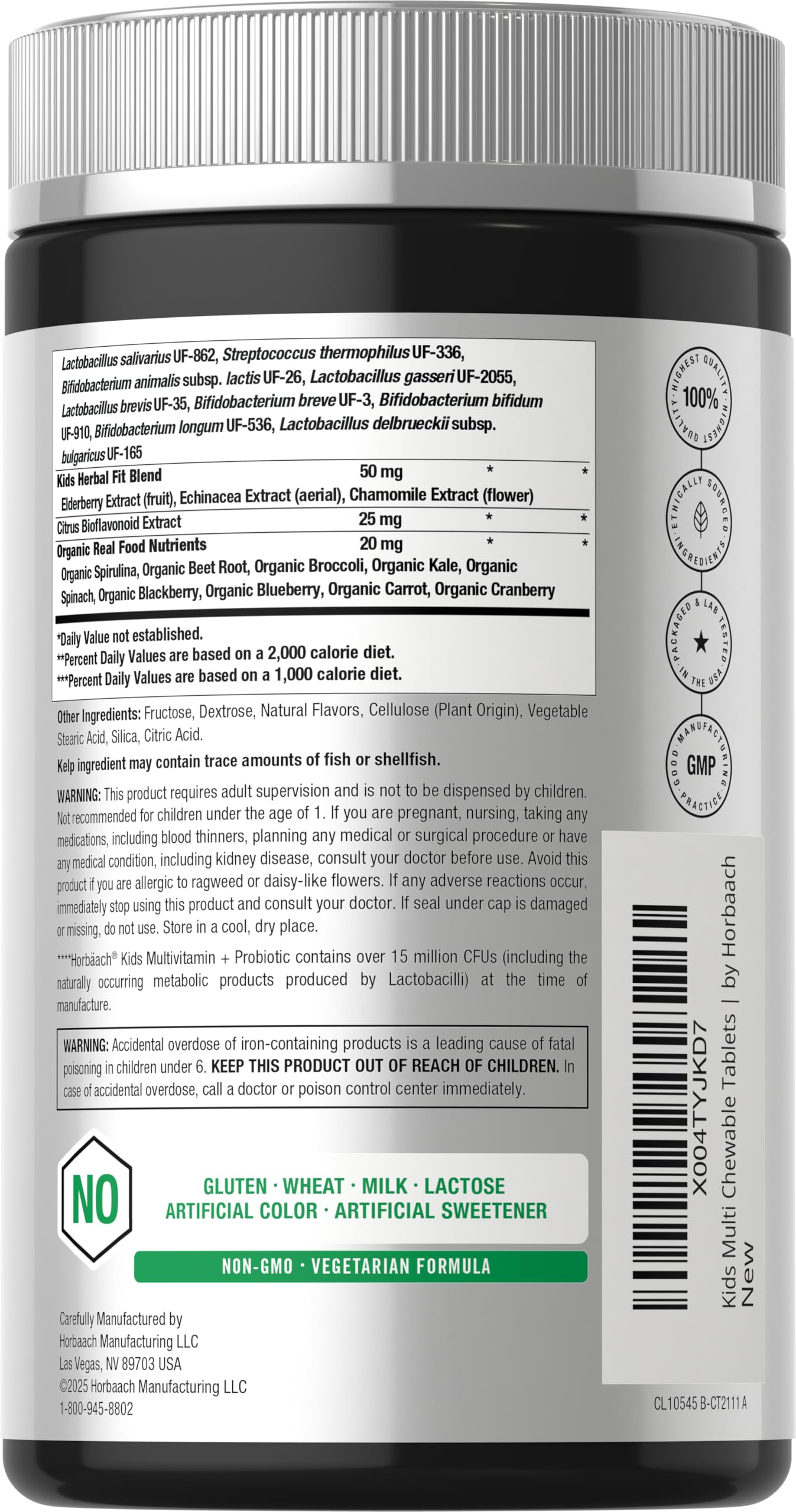 Horbäach Kids Multivitamin with Probiotics | 100 Chewable Tablets | Fruit Punch Flavor | Vegetarian, Non-GMO, Gluten Free Children's Supplement HorbäachAu supplements