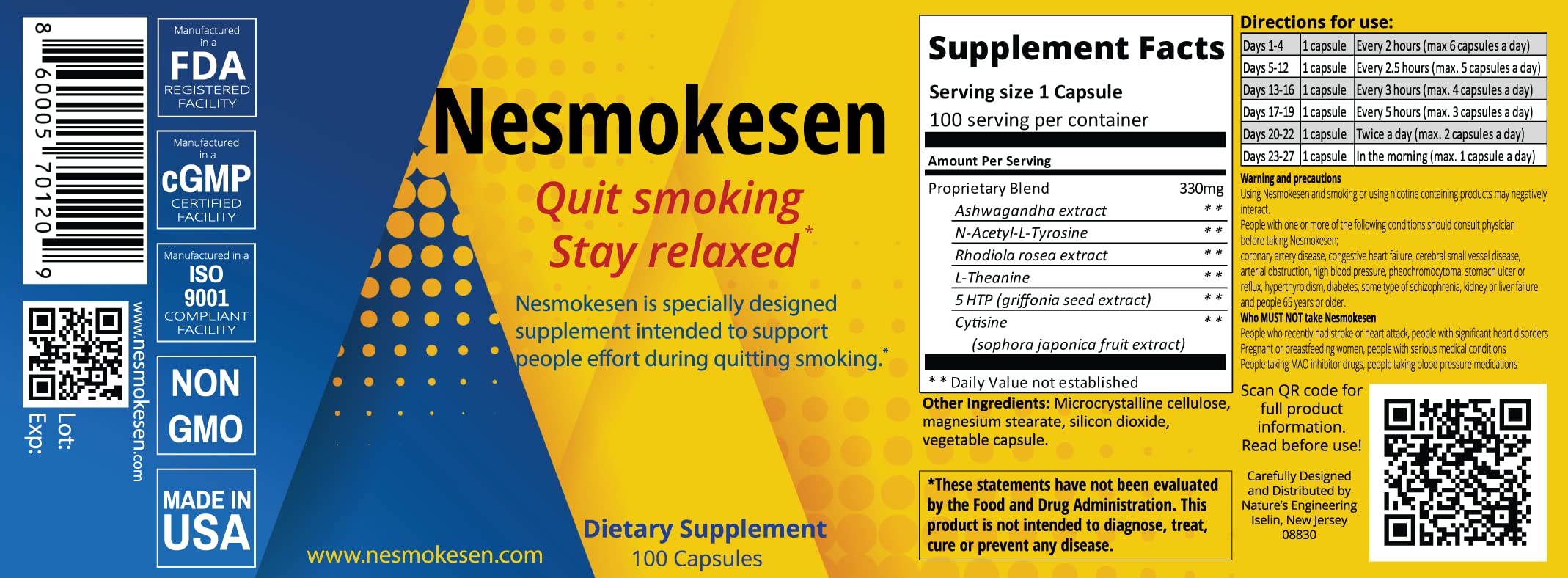 Nesmokesen - Quit Smoking Stay Relaxed, (100 Capsules / 27 Days Supply) Nature's EngineeringAu supplements