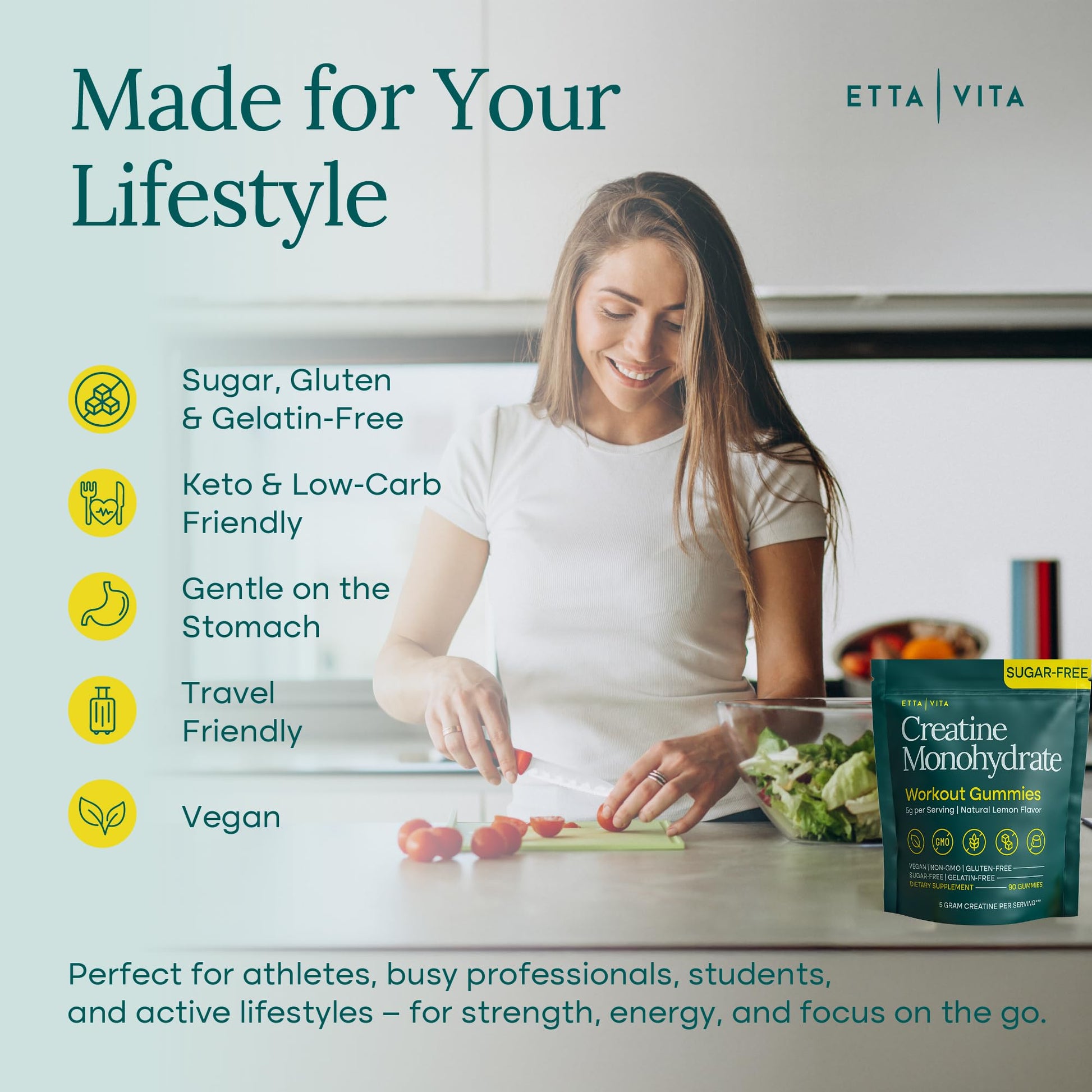Sugar-Free Creatine Monohydrate Gummies 5gram per Serving, Potent Creatine Gummies for Women & Men, Supplement for Muscle Support, Cellular Energy & Cognitive Function [Lemon Drops Candy Flavor] Etta VitaAu supplements