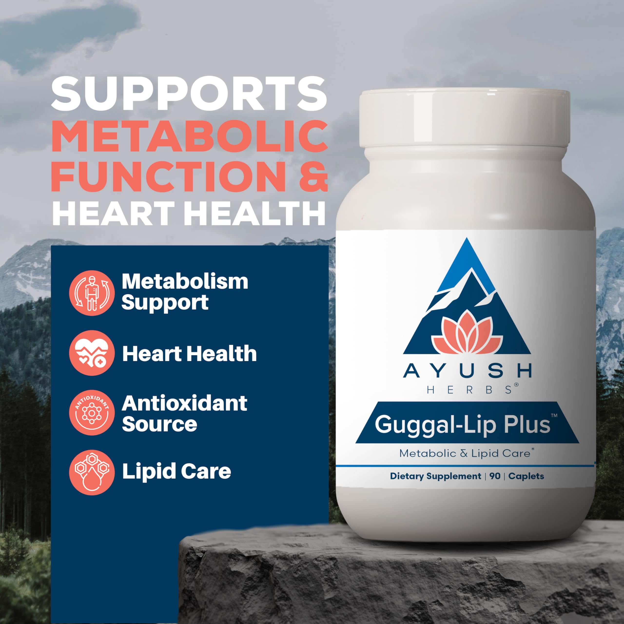 Ayush Herbs Guggal-Lip Plus - Metabolic Vitamins for Women & Men, Daily Pill, Pure & Natural Metabolic Health Supplement with Guggul - 90 Vegetarian Caplets (1 Count) Ayush HerbsAu supplements