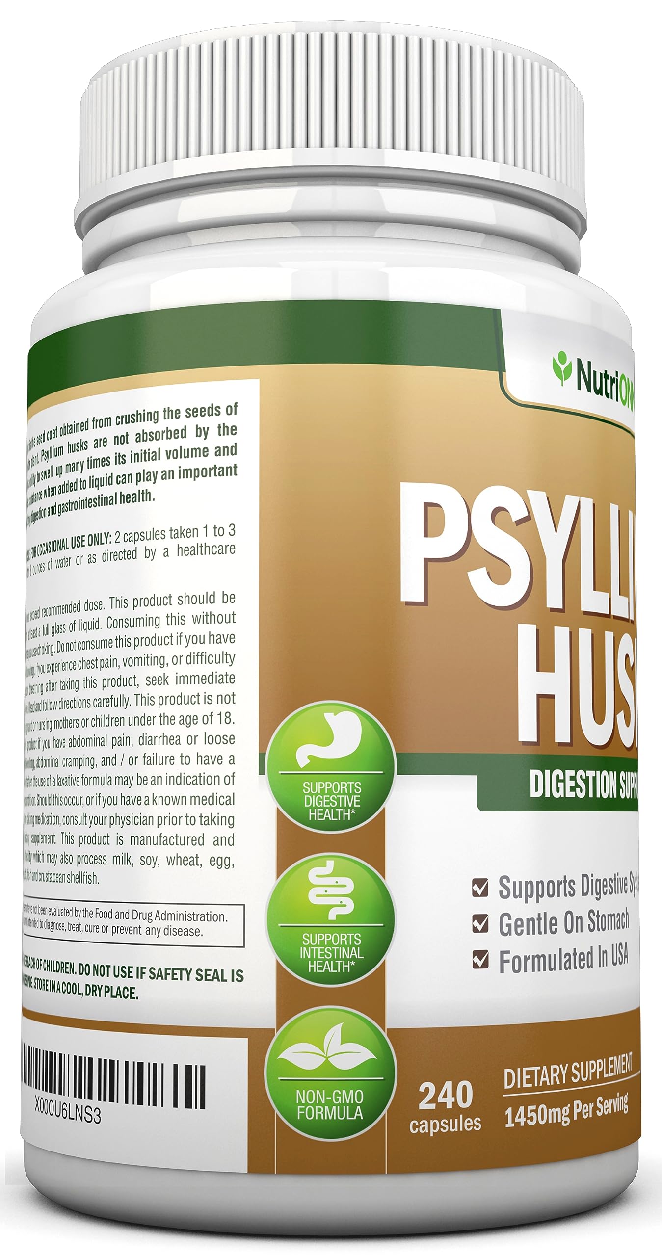 NutriONN PSYLLIUM Husk Capsules - 1450mg Per Serving - 240 Capsules - Double Strength NutriONNUS supplements