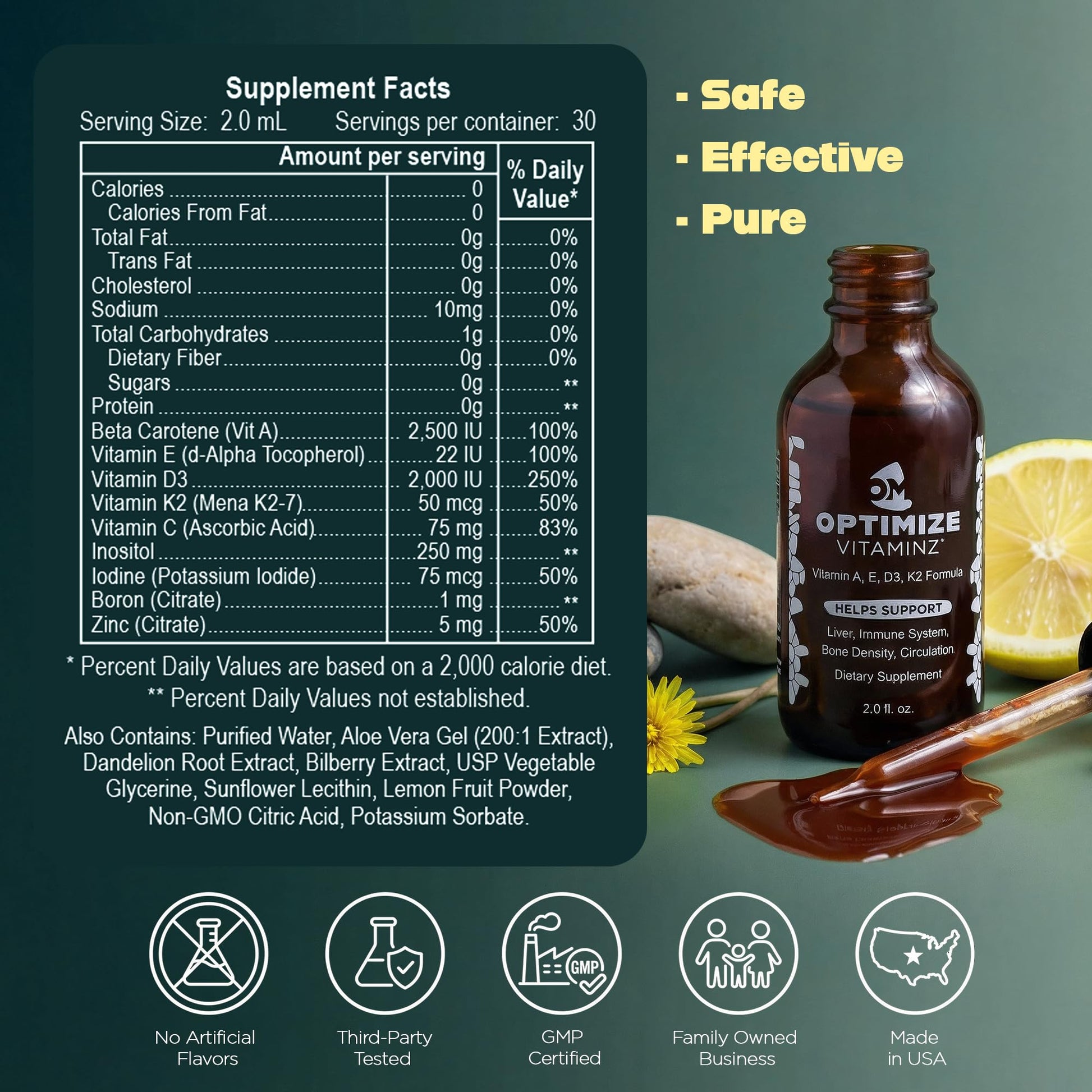 Optimize Vitaminz Liquid Vitamin D3 K2 Drops with Dandelion Root & Bilberry | Immune, Liver & Bone Support, MK-7 Formula, Fast Absorption Liquid Multivitamin, 30 Day Supply, 2 Fl Oz Optimize MineralsAu supplements