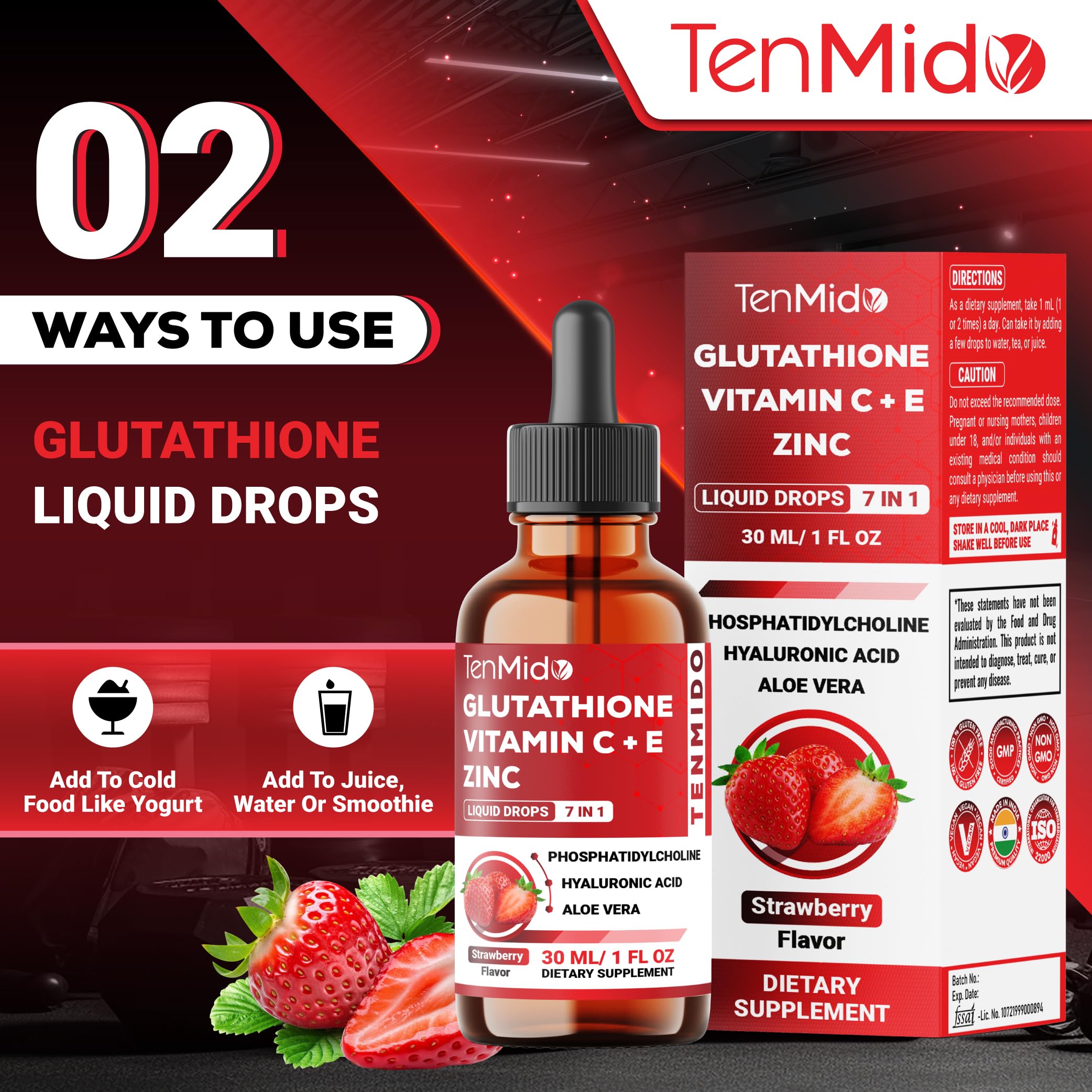 Tenmido Liposomal Glutathione Supplement - 7in1 Liquid Drops with Zinc, Vitamin C, Vitamin E, Phosphatidylcholine, Hyaluronic Acid, and Aloe Vera - Vegan, Non-GMO - 30ml 1 Fl Oz TenmidoAu supplements