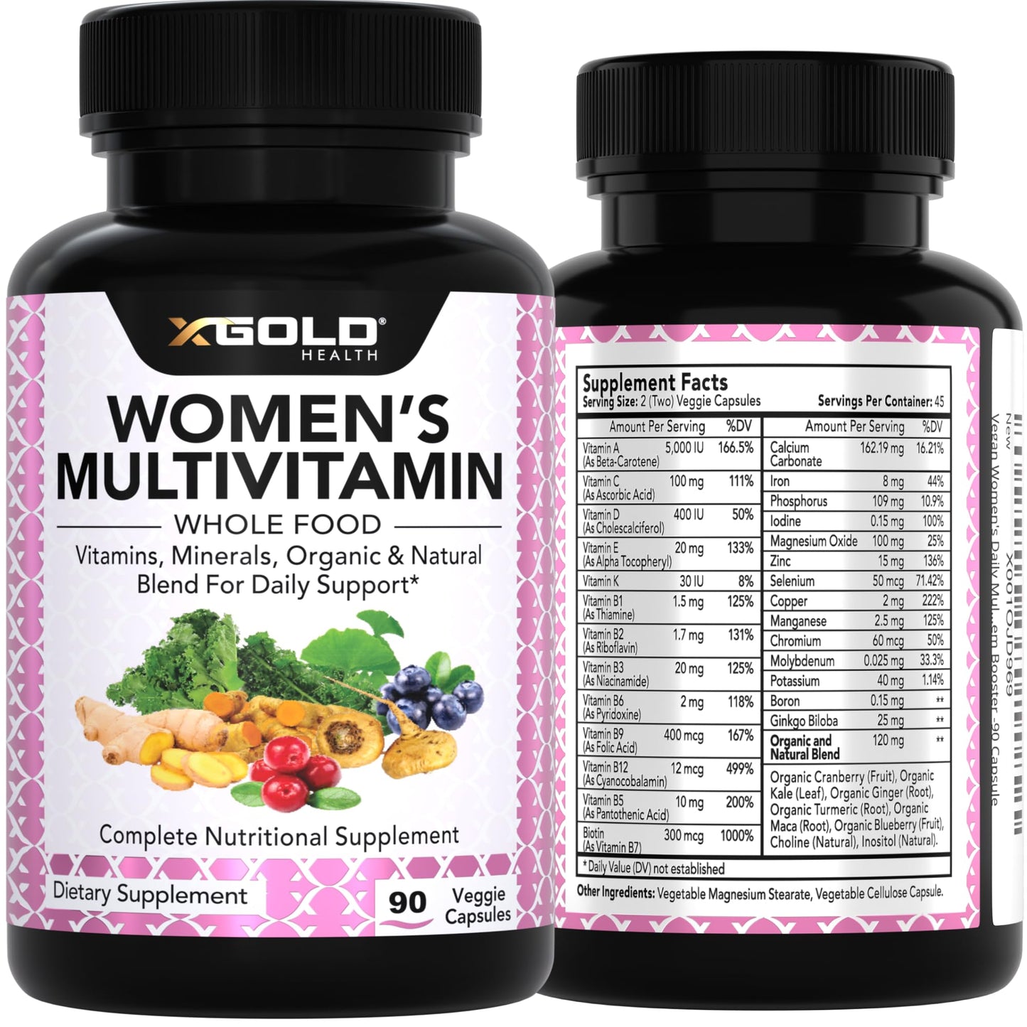 Vegan Women's Daily Multivitamin 50 Plus with Organic WholeFood Based Natural Ingredients, Ginger, Maca, Multi-Vitamin B Complex & More X Gold HealthUS supplements