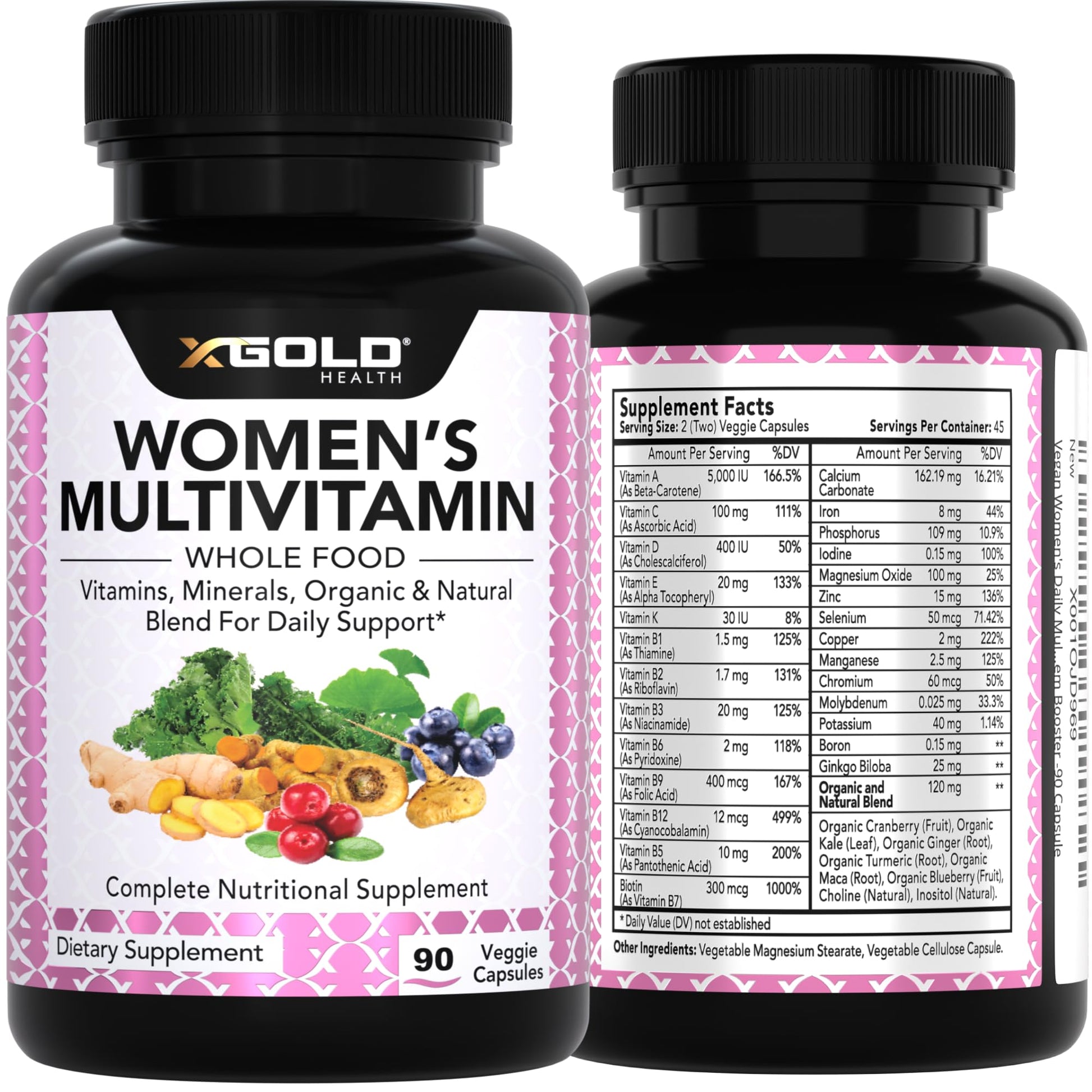Vegan Women's Daily Multivitamin 50 Plus with Organic WholeFood Based Natural Ingredients, Ginger, Maca, Multi-Vitamin B Complex & More X Gold HealthUS supplements