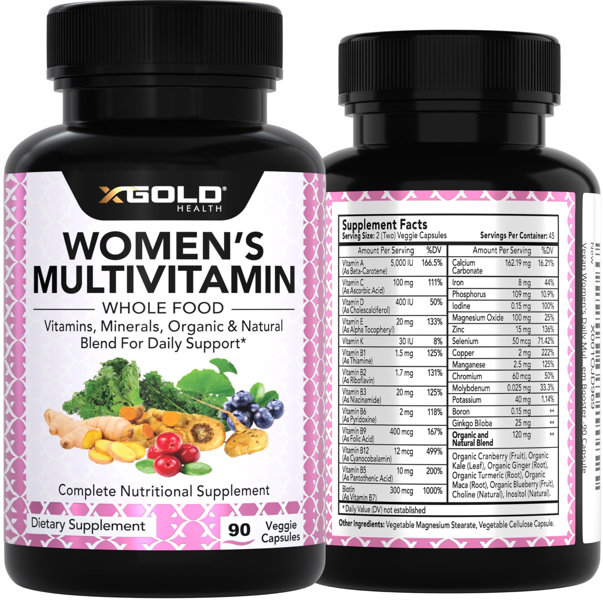 Vegan Women's Daily Multivitamin 50 Plus with Organic WholeFood Based Natural Ingredients, Ginger, Maca, Multi-Vitamin B Complex & More X Gold HealthUS supplements