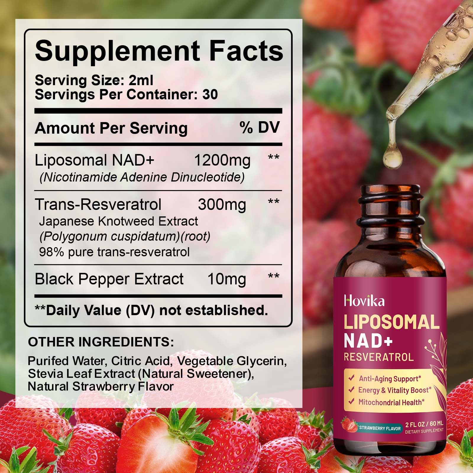 Liposomal NAD Supplement - 1200mg NAD+ Liquid Drops for Women & Men with Resveratrol, Black Pepper Extract - Support Anti-Aging, Brain & Cellular Mitochondrial Health - 2 Fl Oz, Strawberry Flavor HovikaAu supplements