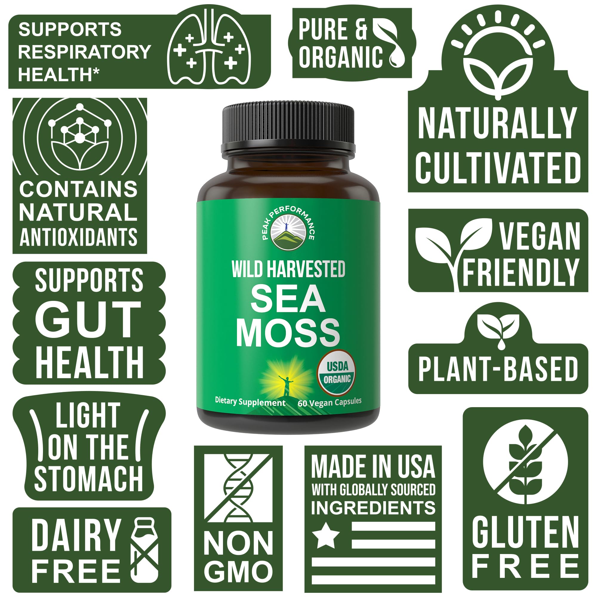 Organic Sea Moss Capsules. Wild Harvested Sea Moss Raw Organic Vegan Supplement from Red Algae Seaweed. 100% Whole Extract Raw Irish SeaMoss Superfood Pills. for Gut, Respiratory, Immune Support. Peak PerformanceAu supplements