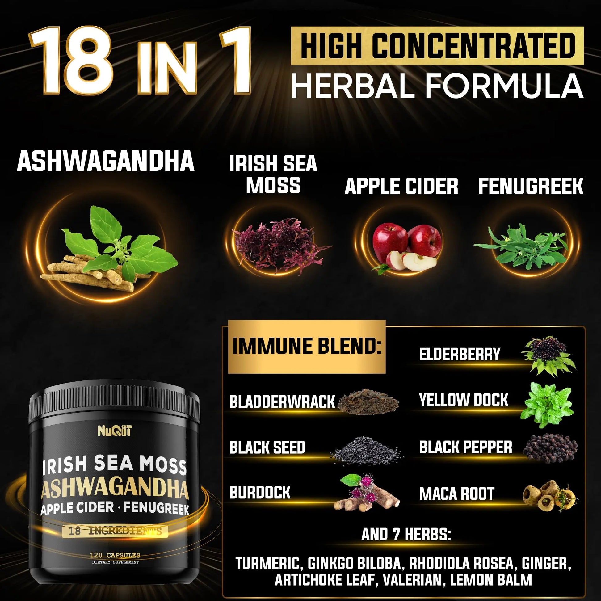 NUQIIT Organic Ashwangdha Capsules 15000mg Irish Sea Moss Apple Cider Vinegar & More - Support Brain Health, Strength & Immune System - 120 Vegan Capsules NUQIITAu supplements