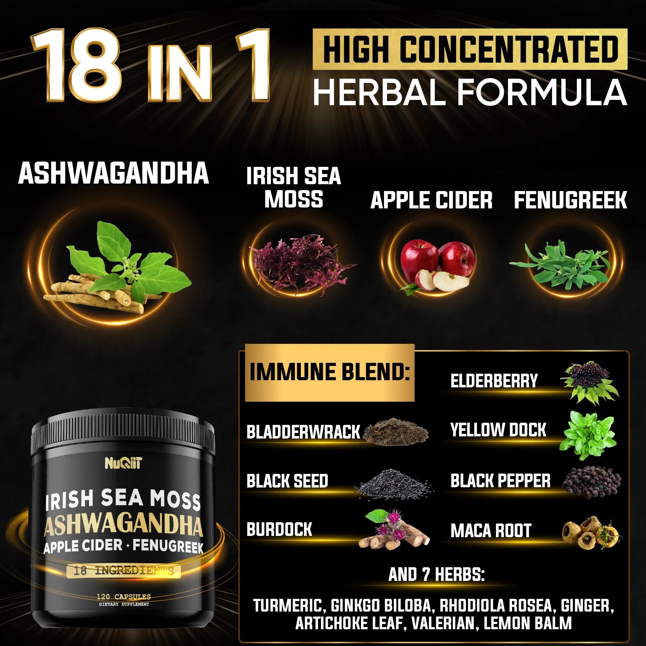 NUQIIT Organic Ashwangdha Capsules 15000mg Irish Sea Moss Apple Cider Vinegar & More - Support Brain Health, Strength & Immune System - 120 Vegan Capsules NUQIITAu supplements
