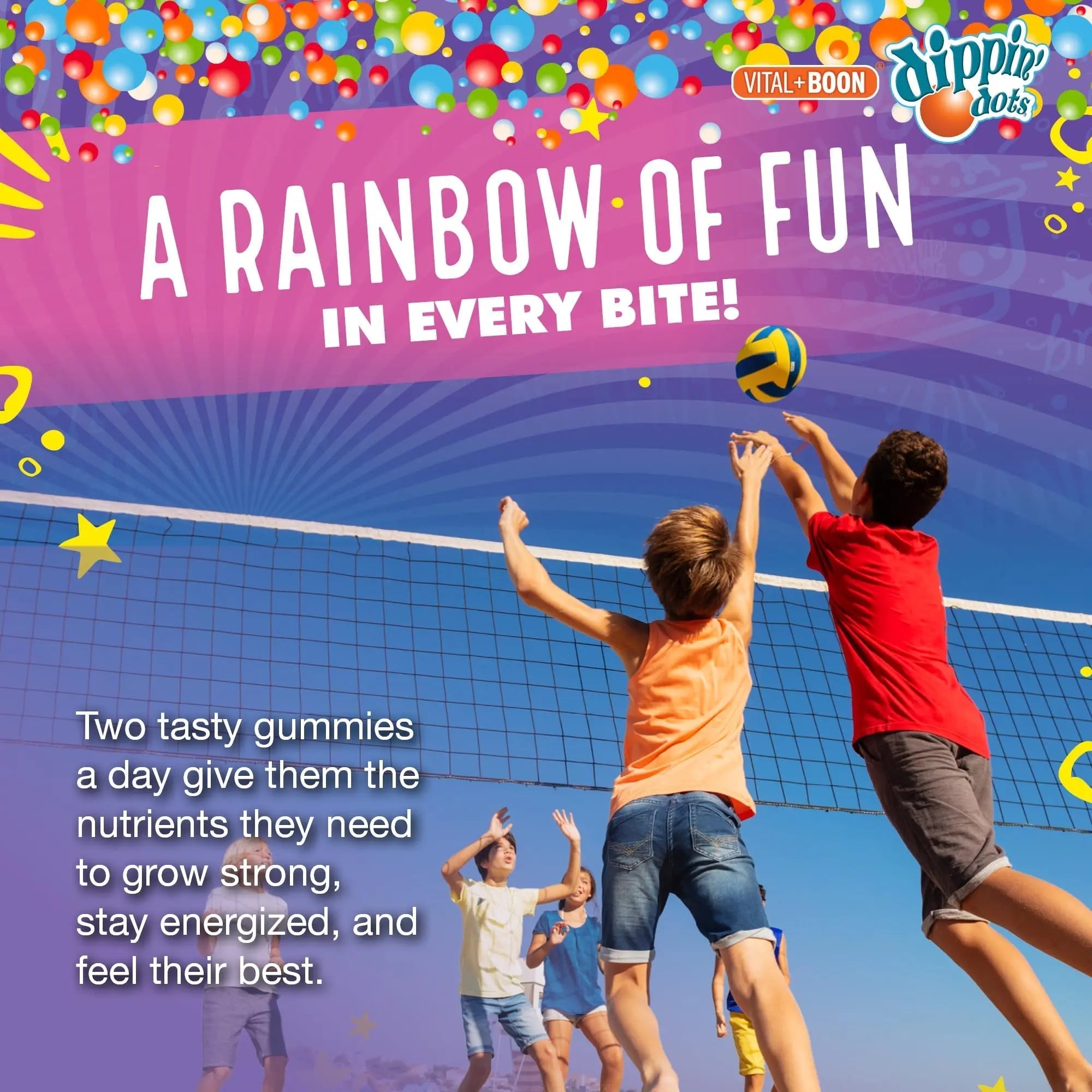 Dippin' Dots - Multivitamin Gummies for Kids Rainbow Fruit Flavor Complete Multivitamin Chewy Gummies Vitamin A, B, C, D3, E, B6, Zinc - 60 Count Vital+BoonAu supplements