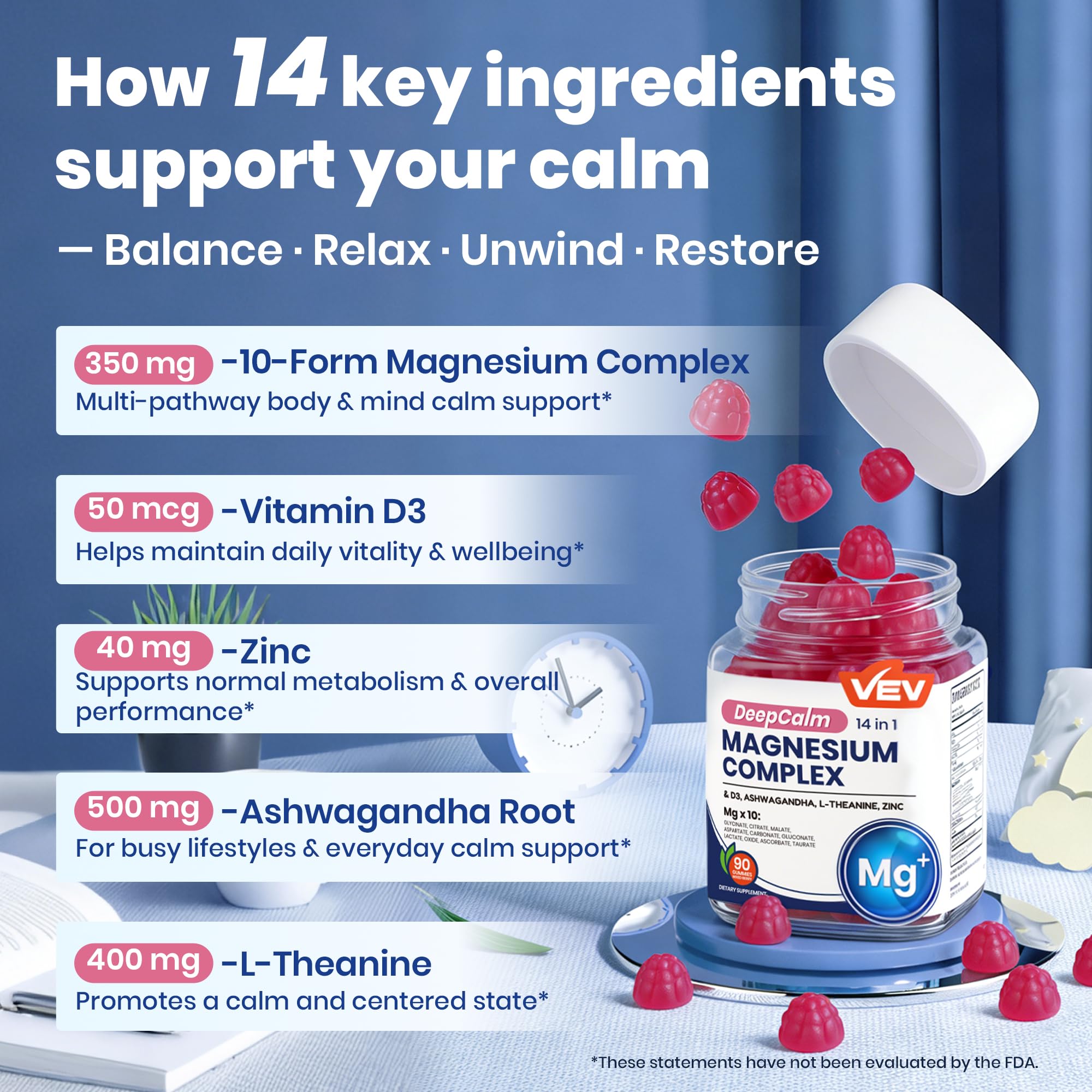 VEV Deep Calm Magnesium Complex 14-in-1 Gummies with Ashwagandha, L-Theanine, Vitamin D3 & Zinc for Women and Men, Vegan Magnesium Glycinate Gummies, 90 Gummies, Pack of 1 VEVAu supplements