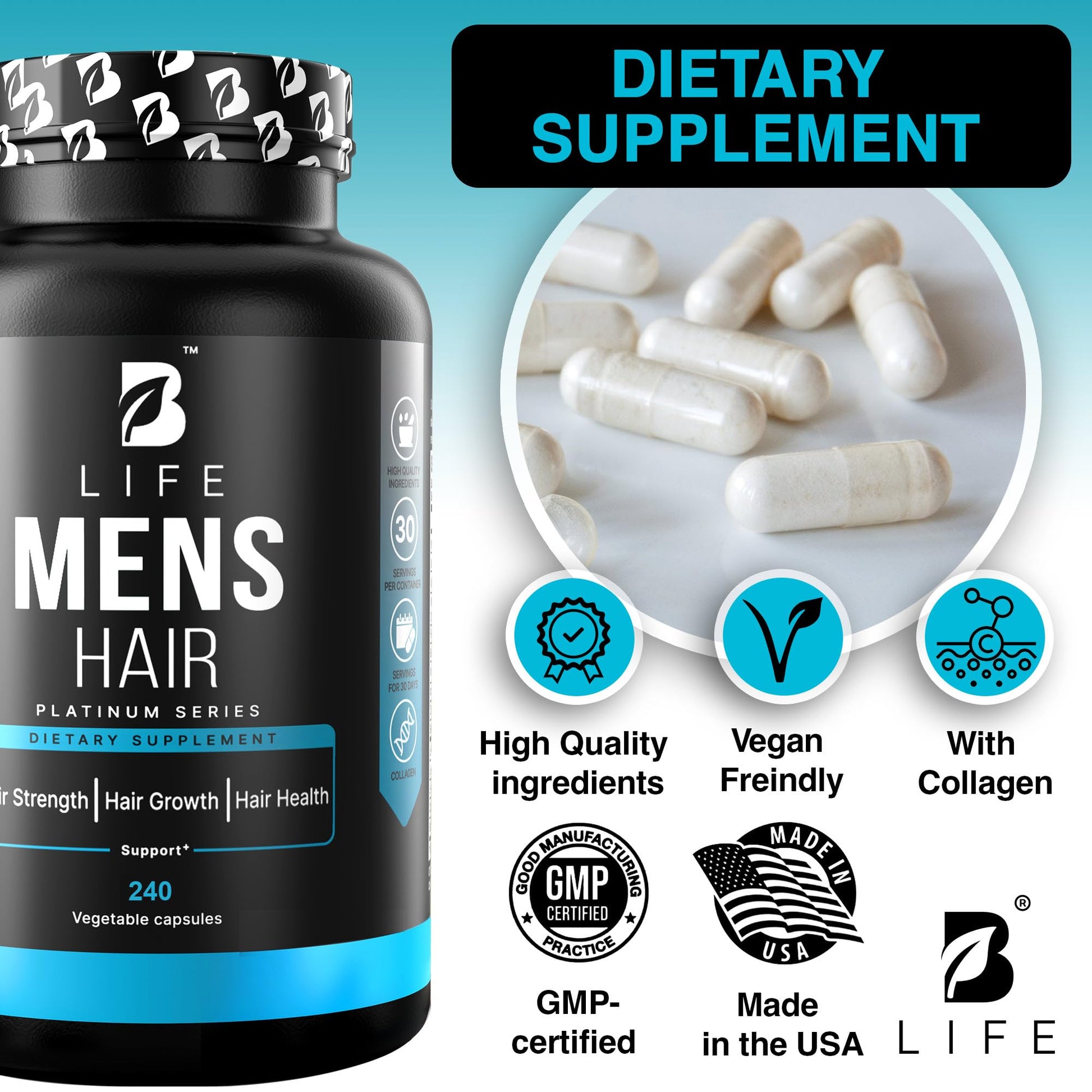 Men’s Hair Growth Supplement – Biotin & Collagen Hair Vitamins for Men – Thicker, Fuller Hair, Nail & Scalp Support – Hair Loss Supplement with Zinc, Selenium & Vitamins A C D E – 240 Capsules B Life CompanyAu supplements