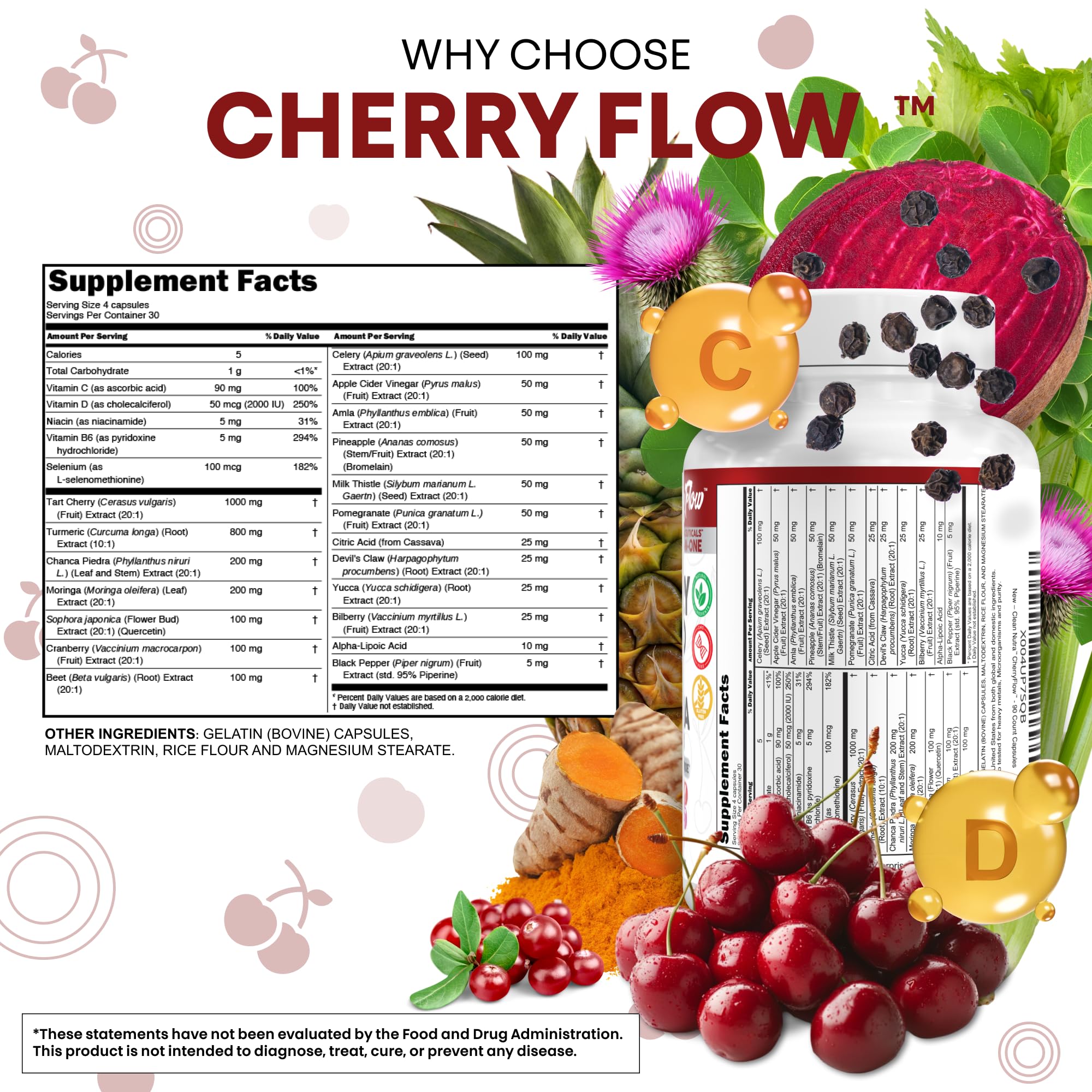 Cherry Flow Tart Cherry Capsules Uric Acid Support Celery Seed Turmeric Chanca Piedra Vitamin D Vitamin B6 Niacin Milk Thistle Moringa Extract Pomegranate Beets 90 Count By Clean Nutra Clean NutraceuticalsAu supplements