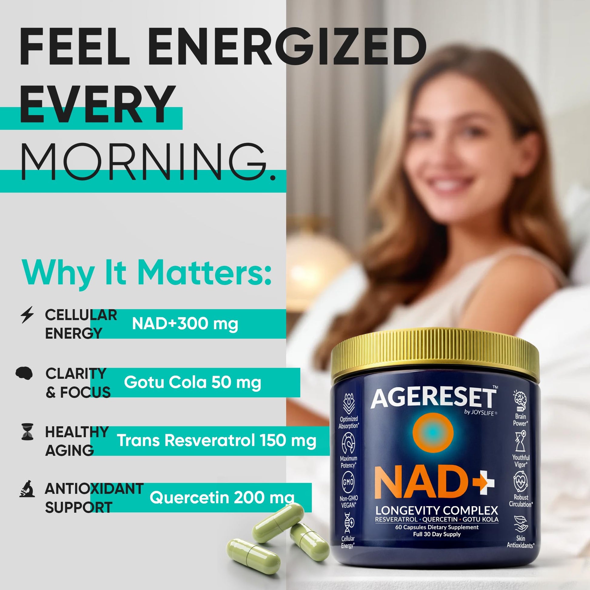 JoysLife AGERESET NAD Supplement NMN Alternative Liposomal + Gotu Kola for Women & Men w/Resveratrol, Quercetin, Gotu Kola JoysLifeAu supplements
