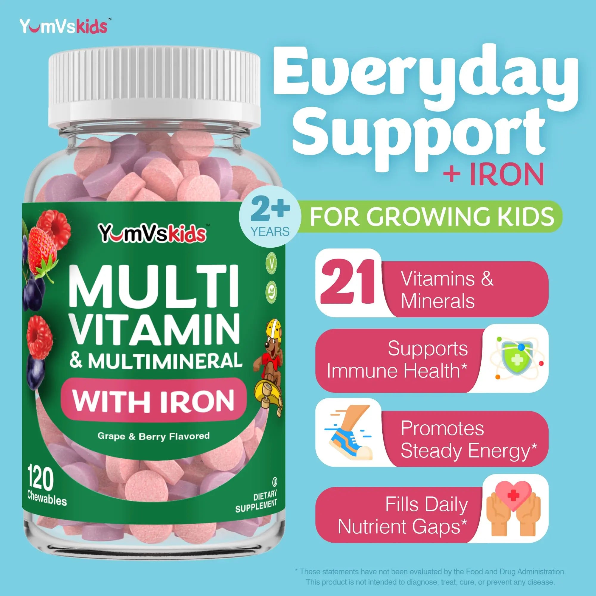 YumVs Kids Multivitamin with Iron & Minerals Chewable Tablets – Grape & Berry Flavor Vitamins for Toddlers & Children Age 2+ – Daily Multivitamin YUM-V'SAu supplements