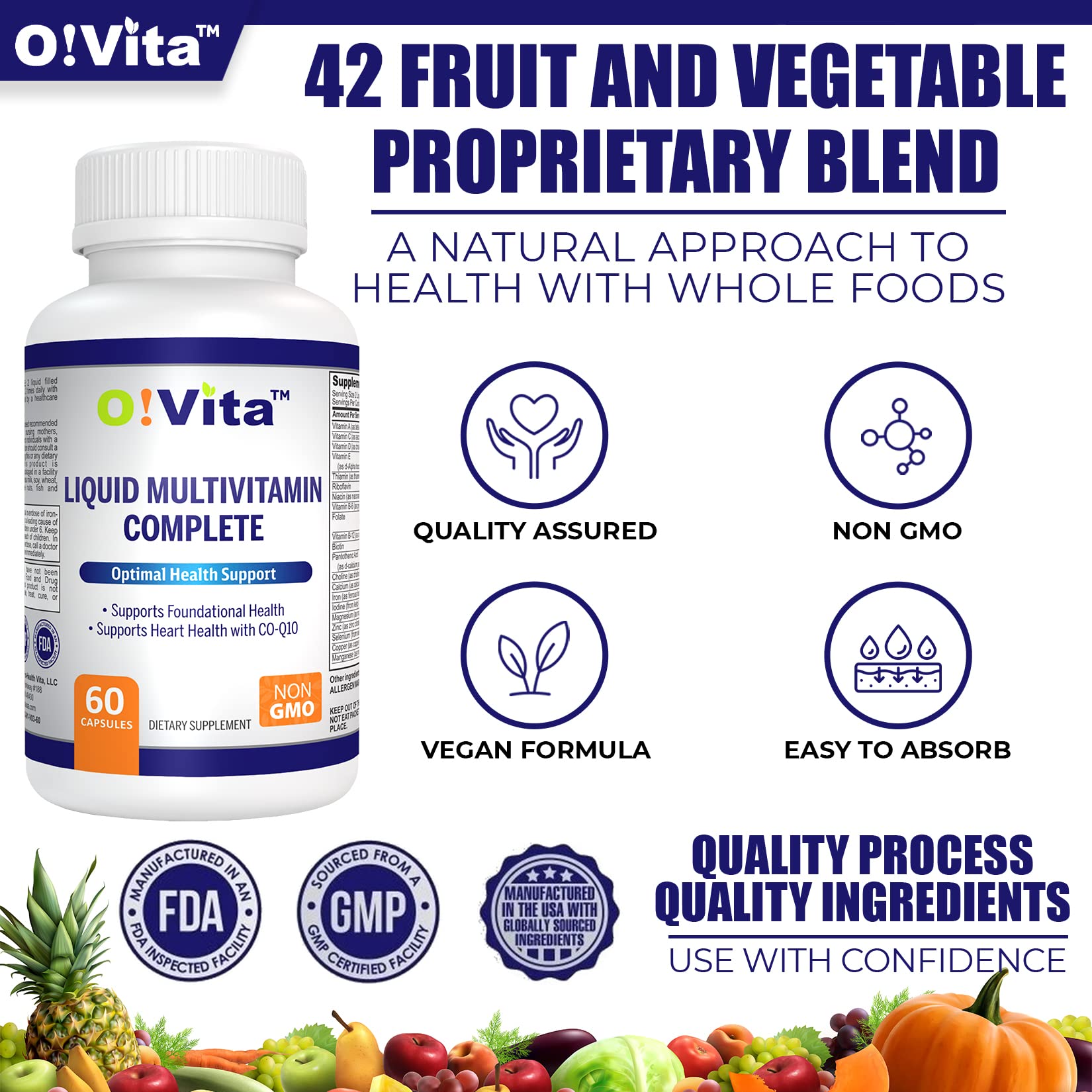 O!VITA Liquid Multivitamin Complete, with a Full Spectrum of Vitamins and Minerals, Plus 42 Fruits and Vegetable Proprietary Blend, Easy Absorption (60 Vegan Liquid Filled Capsules) O!VITAAu supplements