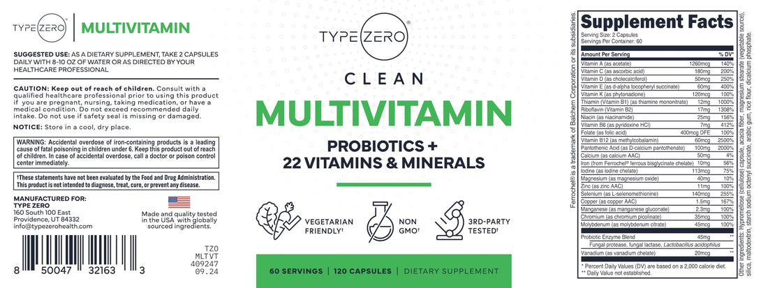 Type Zero Multivitamin Capsules (120 Capsules) (1300 mg) - with Probiotics + 22 Vitamins and Minerals, GMO-Free Type ZeroUS supplements