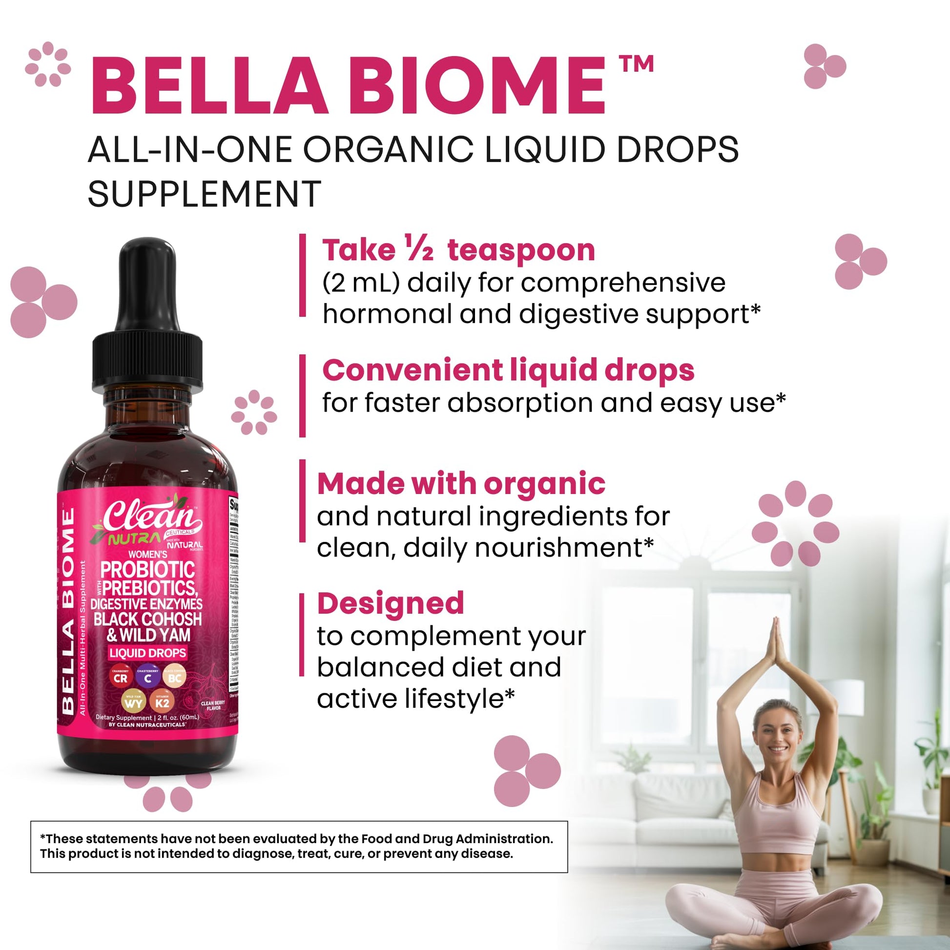 Liquid Probiotics for Women Drops with Chasteberry, Black Cohosh, Prebiotics, Digestive Enzymes, Evening Primrose Oil, Wild Yam, Cranberry Dmannose and Iron Vitamin D3 K2 Clean Nutra Bella Biotics Clean NutraceuticalsAu supplements