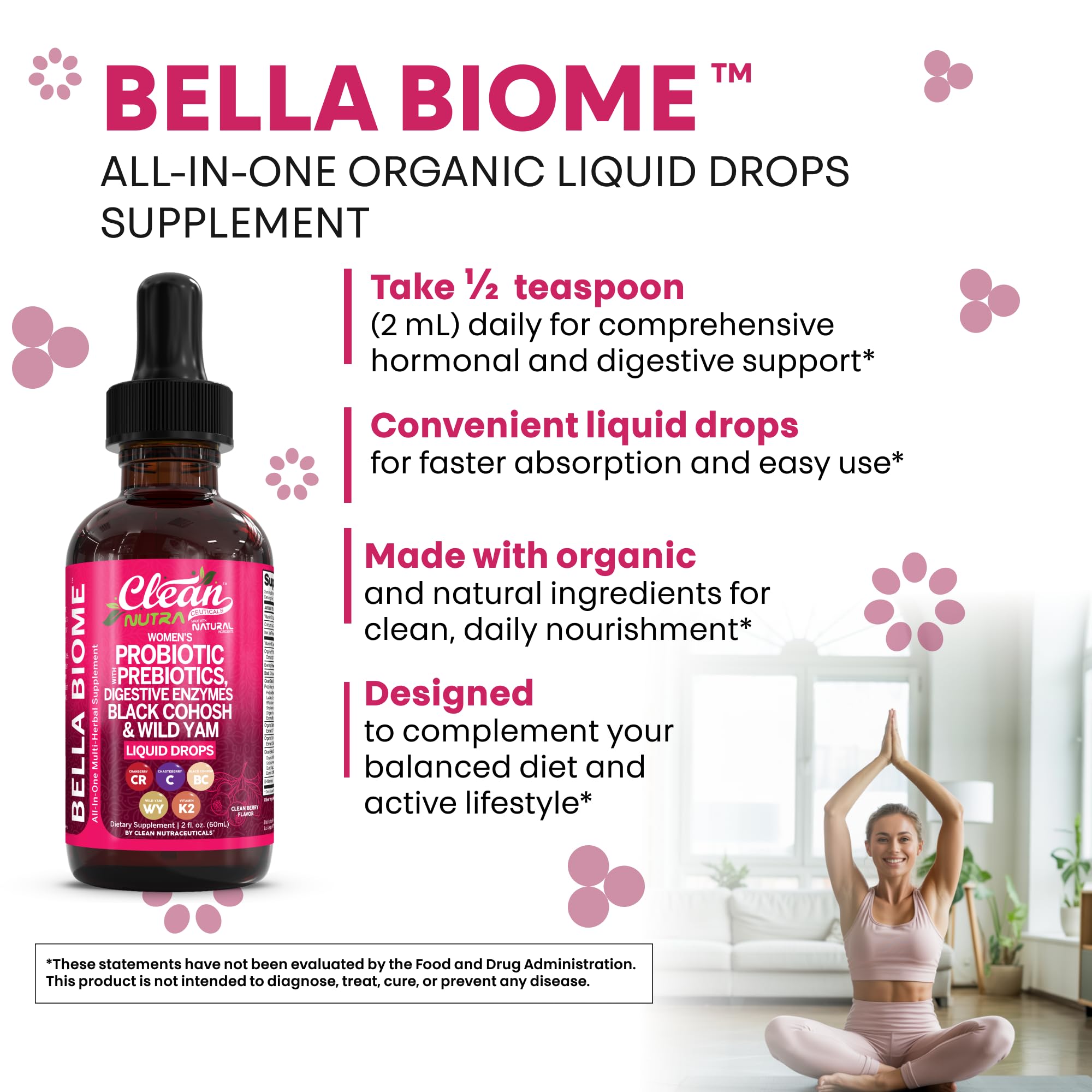 Liquid Probiotics for Women Drops with Chasteberry, Black Cohosh, Prebiotics, Digestive Enzymes, Evening Primrose Oil, Wild Yam, Cranberry Dmannose and Iron Vitamin D3 K2 Clean Nutra Bella Biotics Clean NutraceuticalsAu supplements