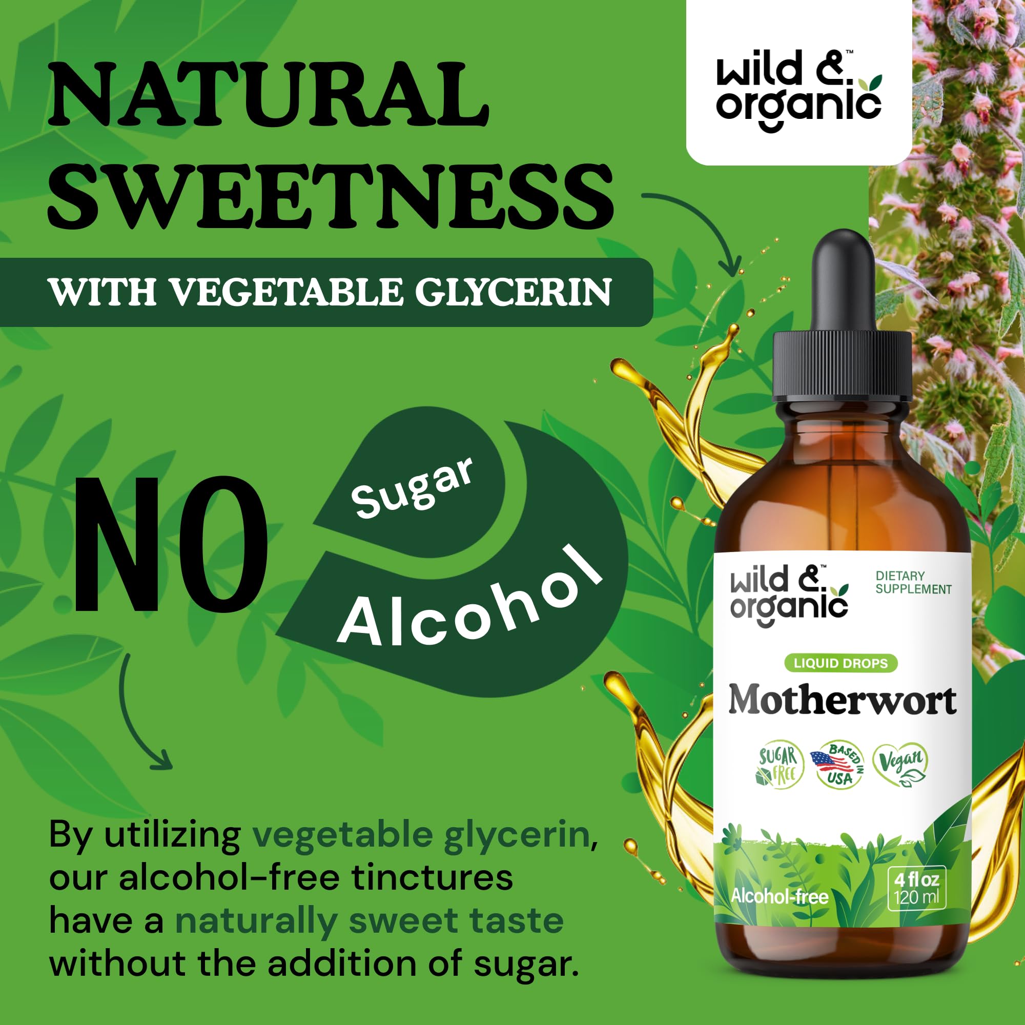 Wild & Organic Motherwort Tincture - Good Mood, Calmness, Overall Support - Supplements for Women with Motherwort Herb - Vegan, Sugar & Alcohol-Free Extract Drops - 4 fl oz Wild & OrganicAu supplements