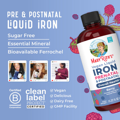 MaryRuth Organics | Liquid Iron Supplement Prenatal & Postnatal for Pregnant & Lactating | Iron Deficiency | Immune Support | Sugar/Gluten Free | Vegan | Non-GMO | 15.22 Fl Oz MARYRUTH'SUS supplements