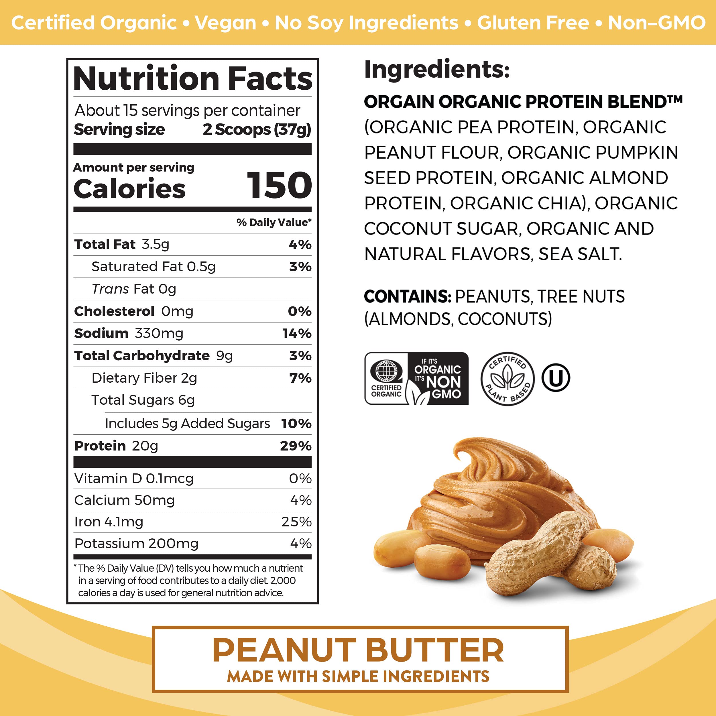 Orgain Organic Simple Vegan Protein Powder, Peanut Butter - 20g Plant Based Protein OrgainUS supplements