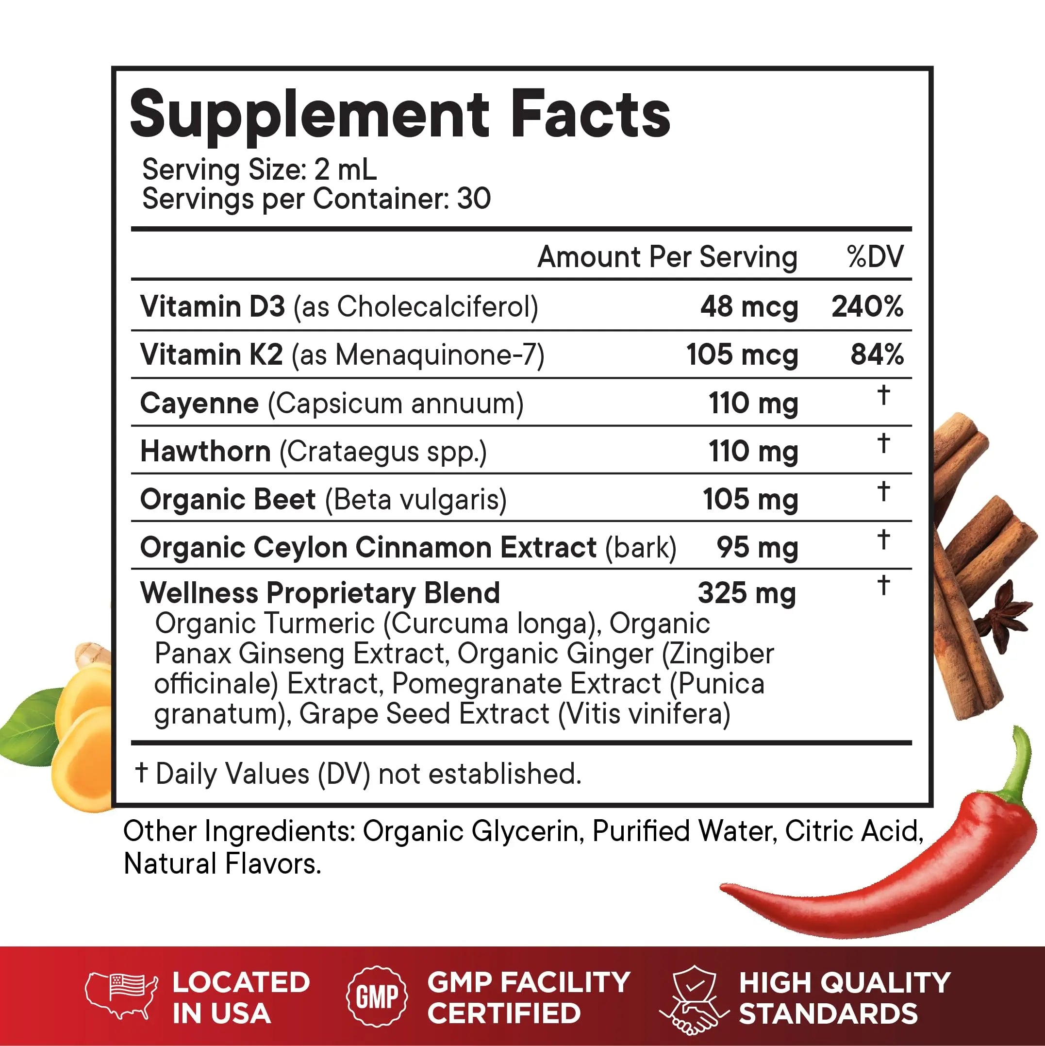 Cayenne Pepper Supplement Liquid Drops + Hawthorn Berry, Vitamin D3 K2 Beet Root Powder, Ceylon Cinnamon, Turmeric Curcumin, Organic Panax Ginseng - 4 OZ Superfood MDnz supplements