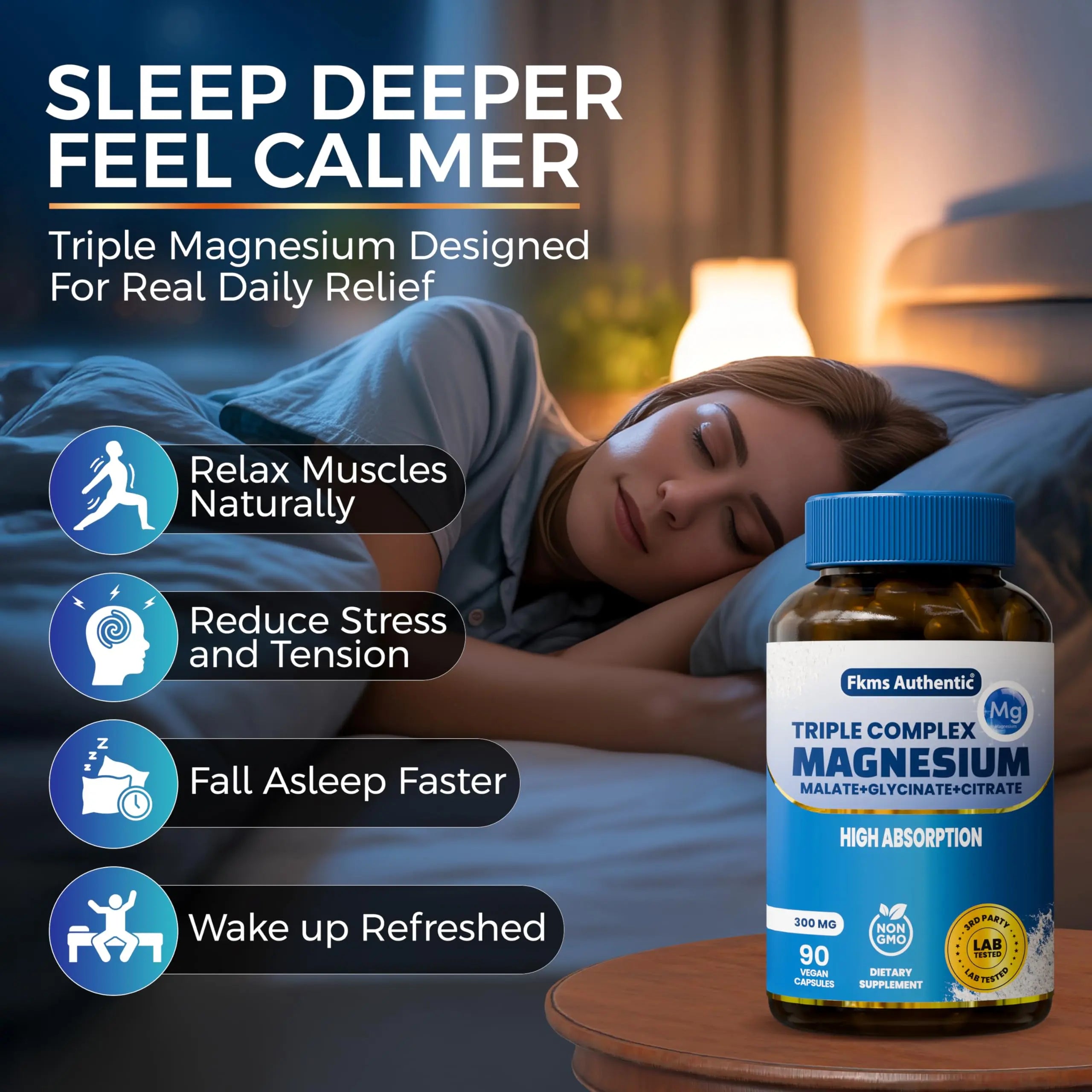 FKMS Authentic Triple Magnesium Complex | 300mg Magnesium Glycinate, Malate & Citrate for Sleep, Stress & Muscle Support | Non-GMO, Vegan, Gentle on Stomach | High Absorption | 90 Capsules FKMS AUTHENTICnz supplements