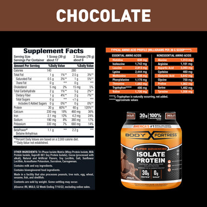 Body Fortress Super Advanced Isolate Protein, Chocolate Protein Powder Supplement Body FortressUS supplements