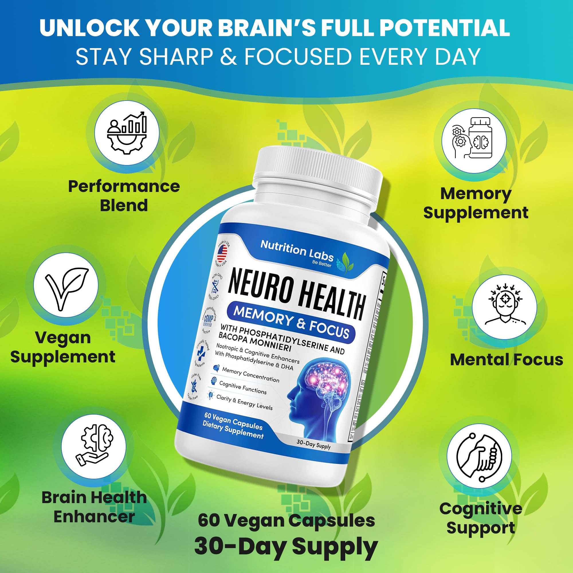 Nootropic & Neuro Brain Supplement for Memory & Focus Support. Clinically Tested Vitamins for Mental Support & Cognitive Clarity W/Bacopa Monnieri, VIT A, B6, Riboflavin, Niacin, Thiamin & Folate NUTRITION LABS BE BETTERAu supplements