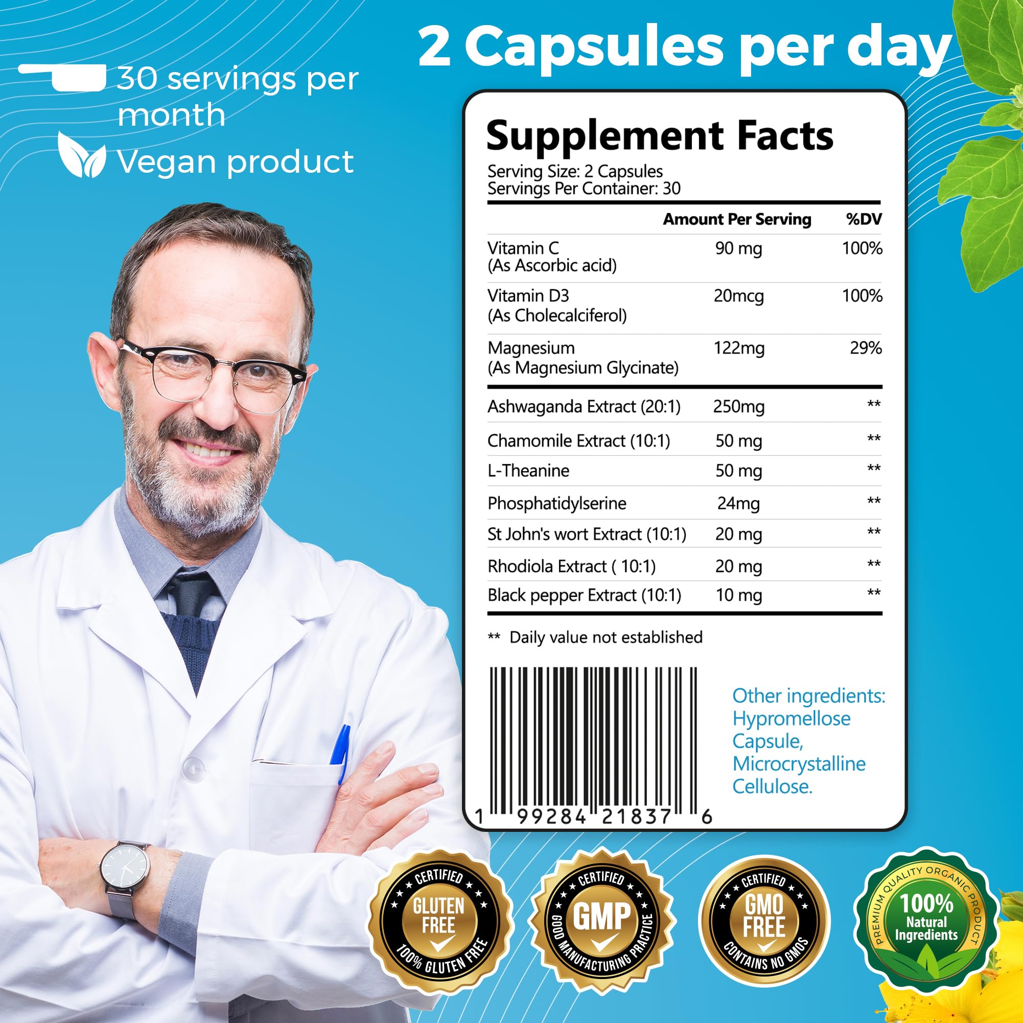 10-in-1 Cortisol Supplements with Magnesium, Ashwagandha, Chamomile, L-Theanine, St. John's Wort, Rhodiola, 60 Capsules, Cortisol Supplements For Women -& Men, Cortisol Reducer, High cortisol WelldietAu supplements