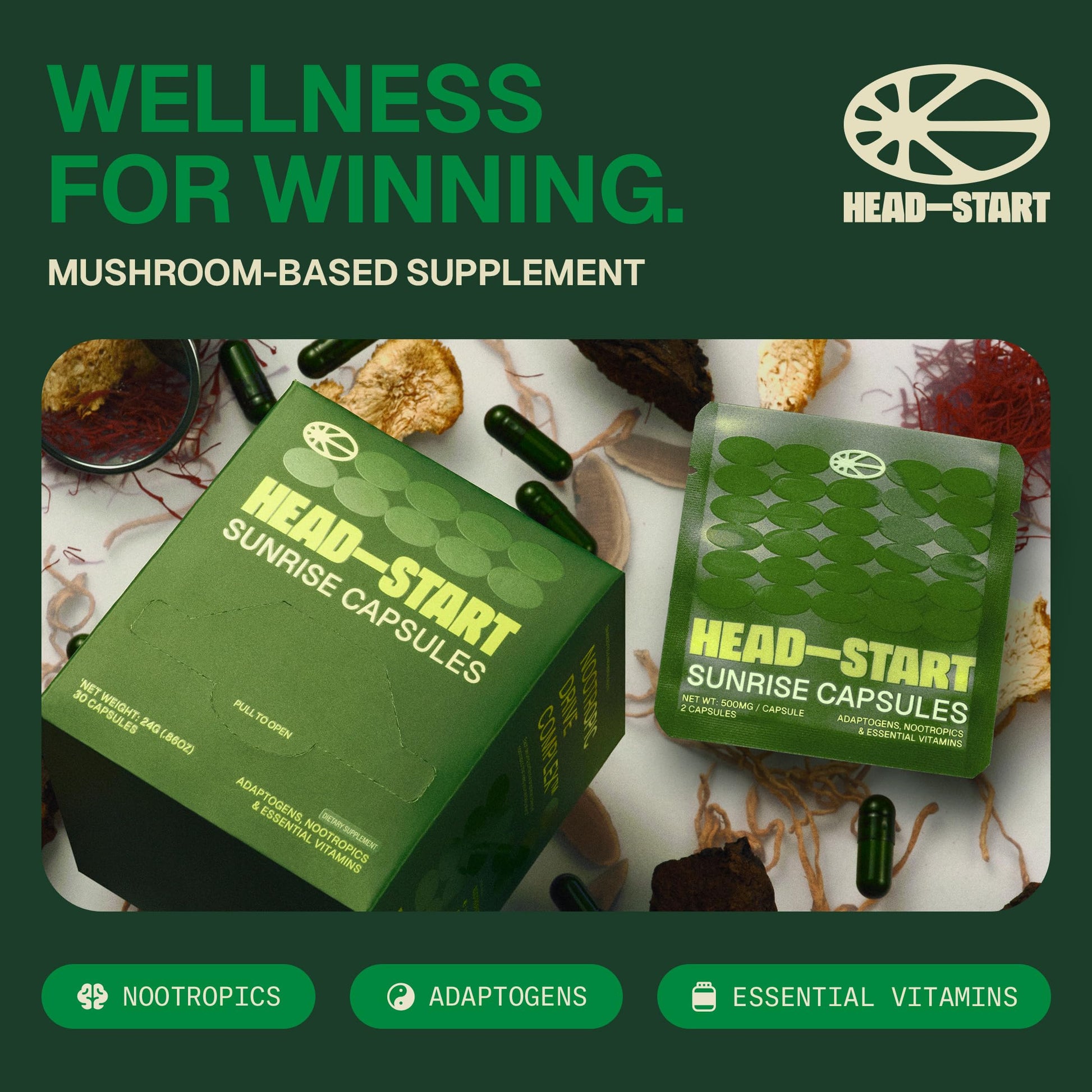 HEAD-START Sunrise Capsules | Nootropic Brain Supplement with Lion’s Mane, L-Theanine & Saffron | Adaptogen Blend for Focus, Energy, Clarity & Daily Performance HEAD-STARTAu supplements