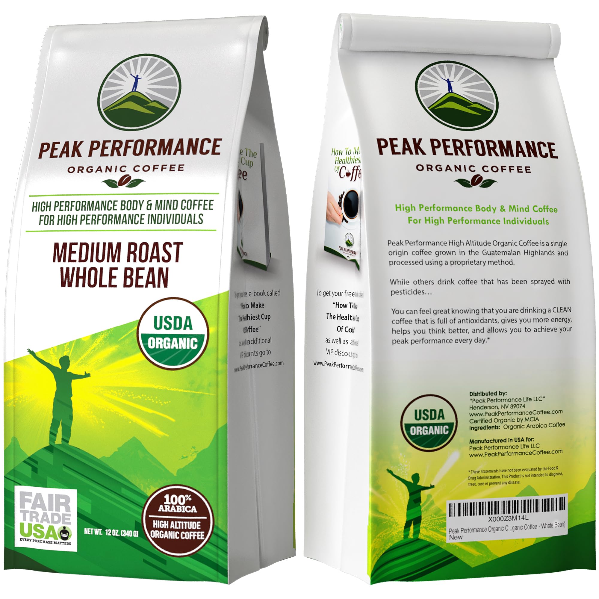 Peak Performance High Altitude Organic Coffee - Fair Trade, Low Acid, Non GMO, and Beans Full of Antioxidants - Medium Roast Smooth Tasting USDA Certified Organic Whole Bean Coffee Bag 12 oz Peak PerformanceAu supplements