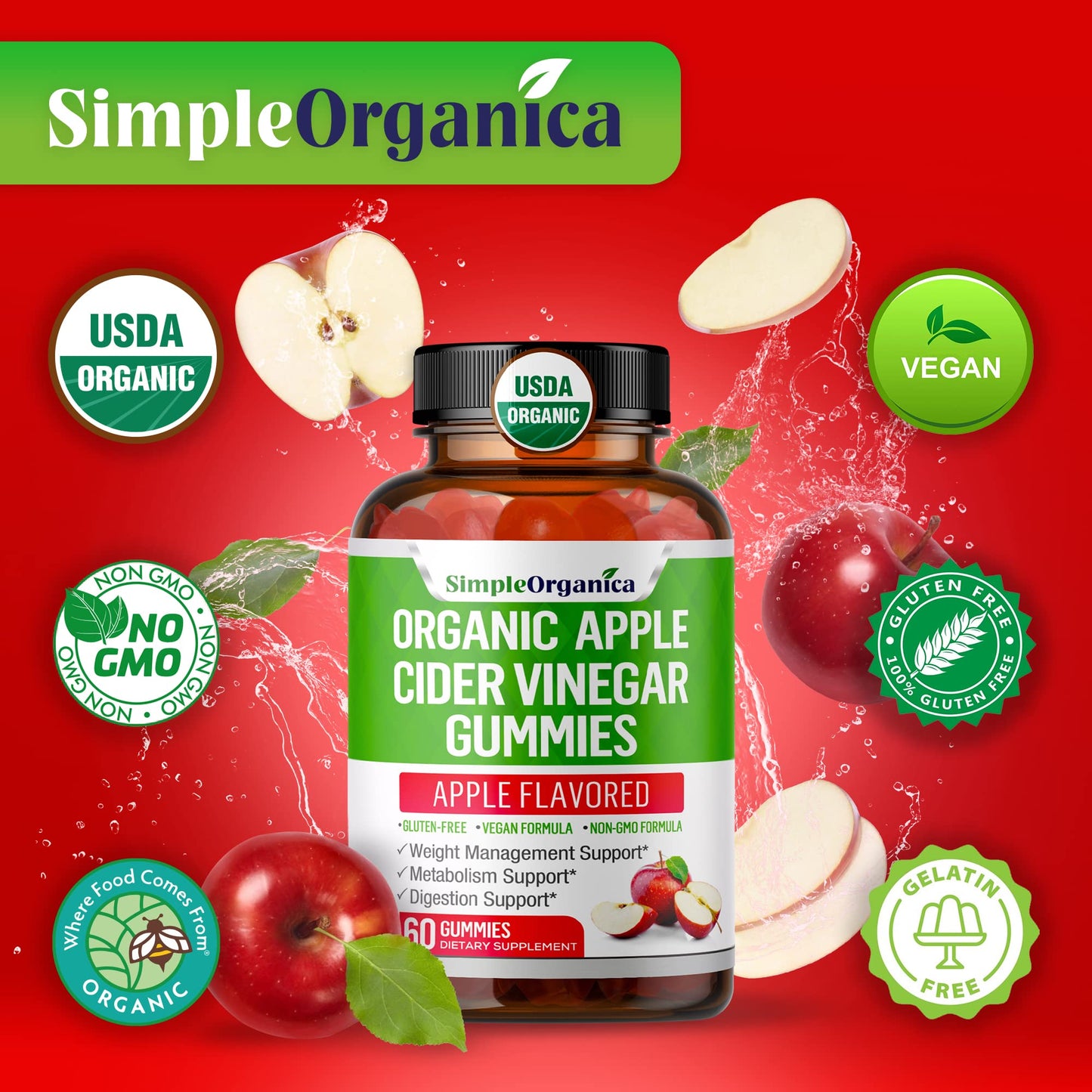 USDA Organic Apple Cider Vinegar Gummies with The Mother. AVC Keto Gummy Vitamins Simple OrganicaUS supplements