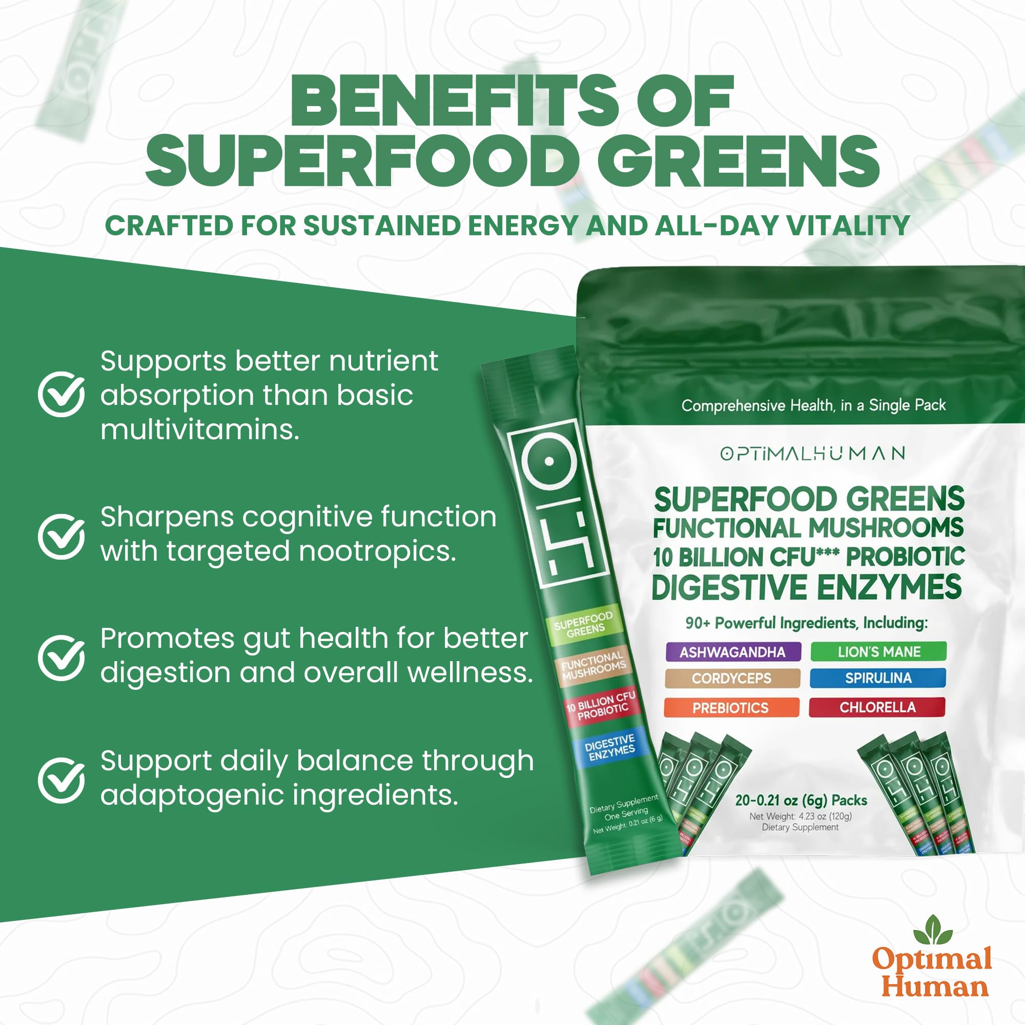 Optimal Human Superfood Greens Powder – 90+ Ingredient Blend with Lion’s Mane Supplement, Ashwagandha & Turmeric – Non-GMO, Soy-Free, Mushroom Supplements for Women – 20 Sachets O HAu supplements