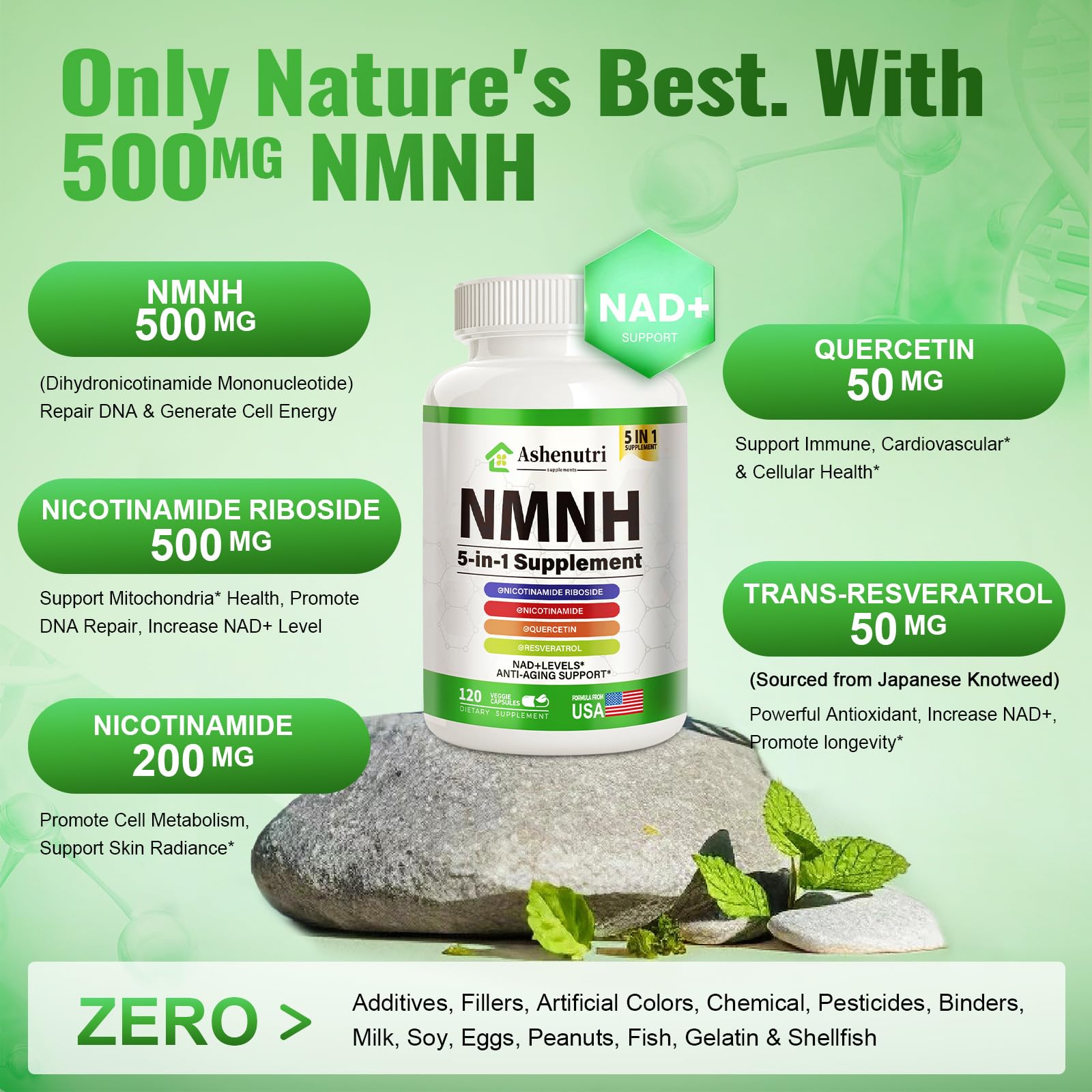 NMNH (Dihydronicotinamide Mononucleotide), NMN Alternative Supplement w/Niacinamide (Vitamin B3), Quercetin, Trans-Resveratrol, Support NAD+, Skin Cell Health*, Anti-Aging & Energy, 120 Caps AshenutriAu supplements