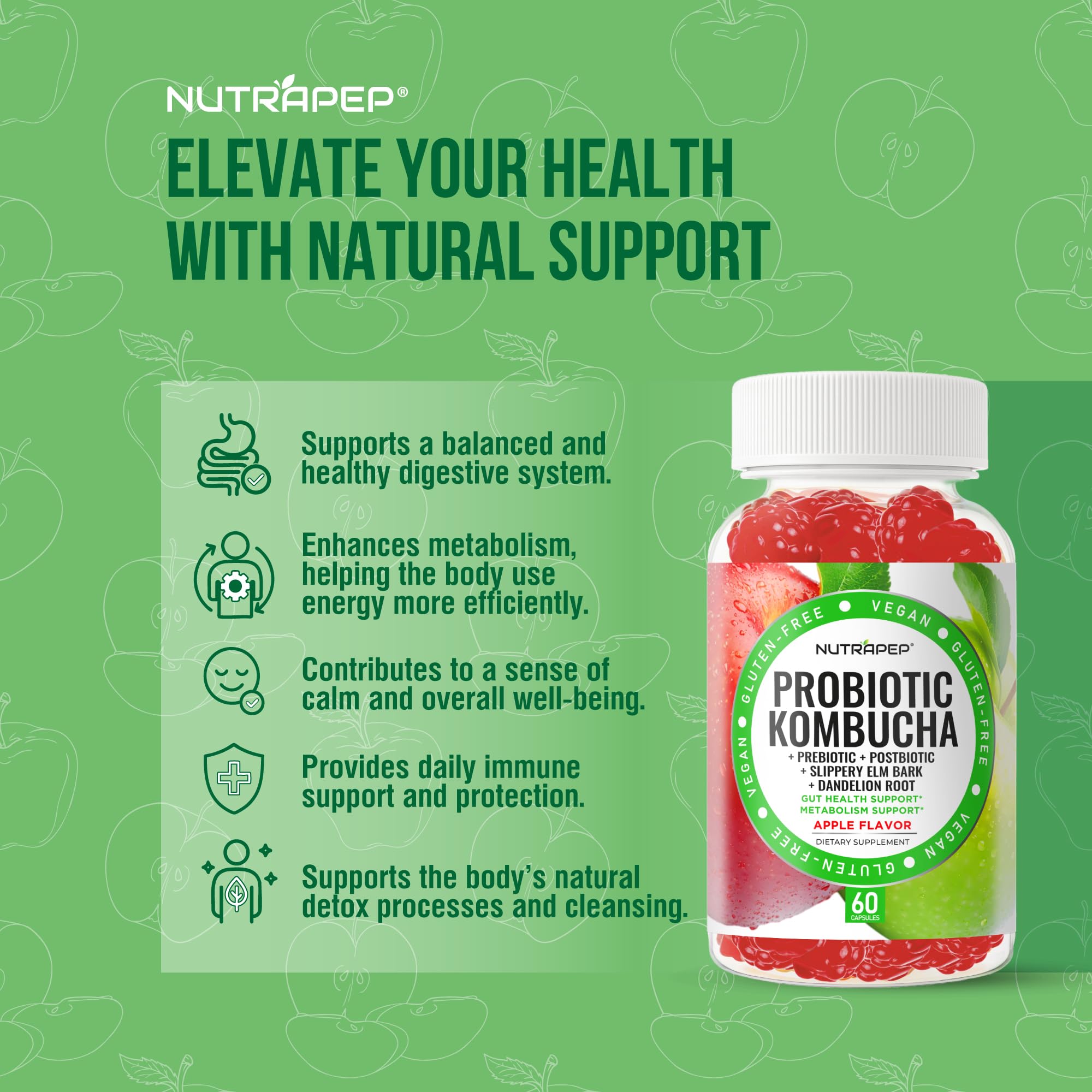 NutraPep Probiotic Kombucha Gummies - Women Men Probiotic Prebiotic Probiotic Blend for Gut Health Bloating Metabolism Support with Slippery Elm Bark Dandelion Root - Vegan Gluten Free Apple Flavor NutraPepAu supplements
