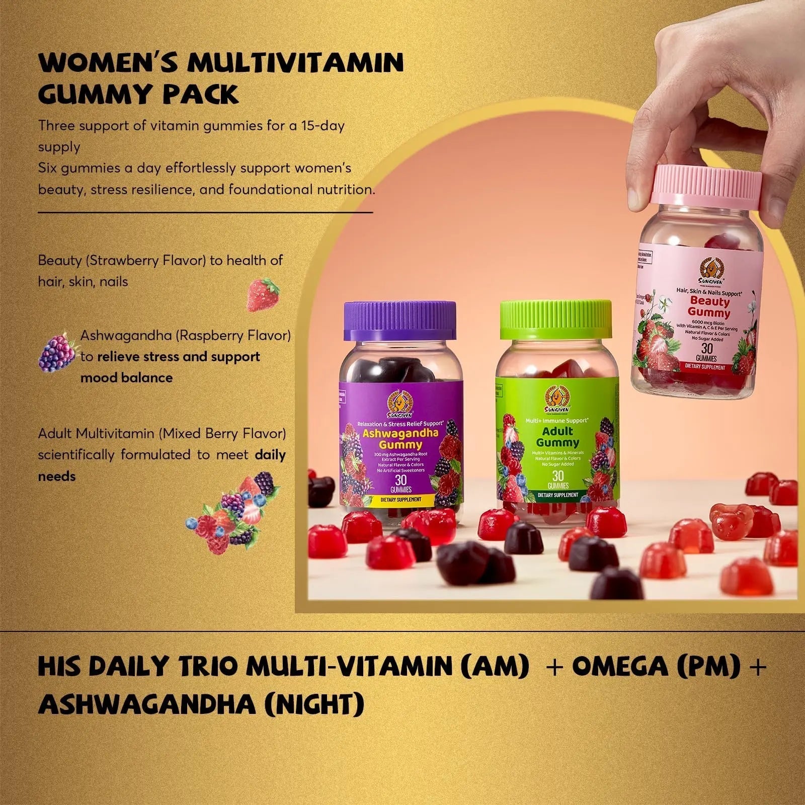Women's Multivitamin Gummy Pack, 3 Support for Hair Skin Nails Sleep Daily Health, Vitamins A, D, C, E, Biotin, Ashwagandha SUNGIVENAu supplements