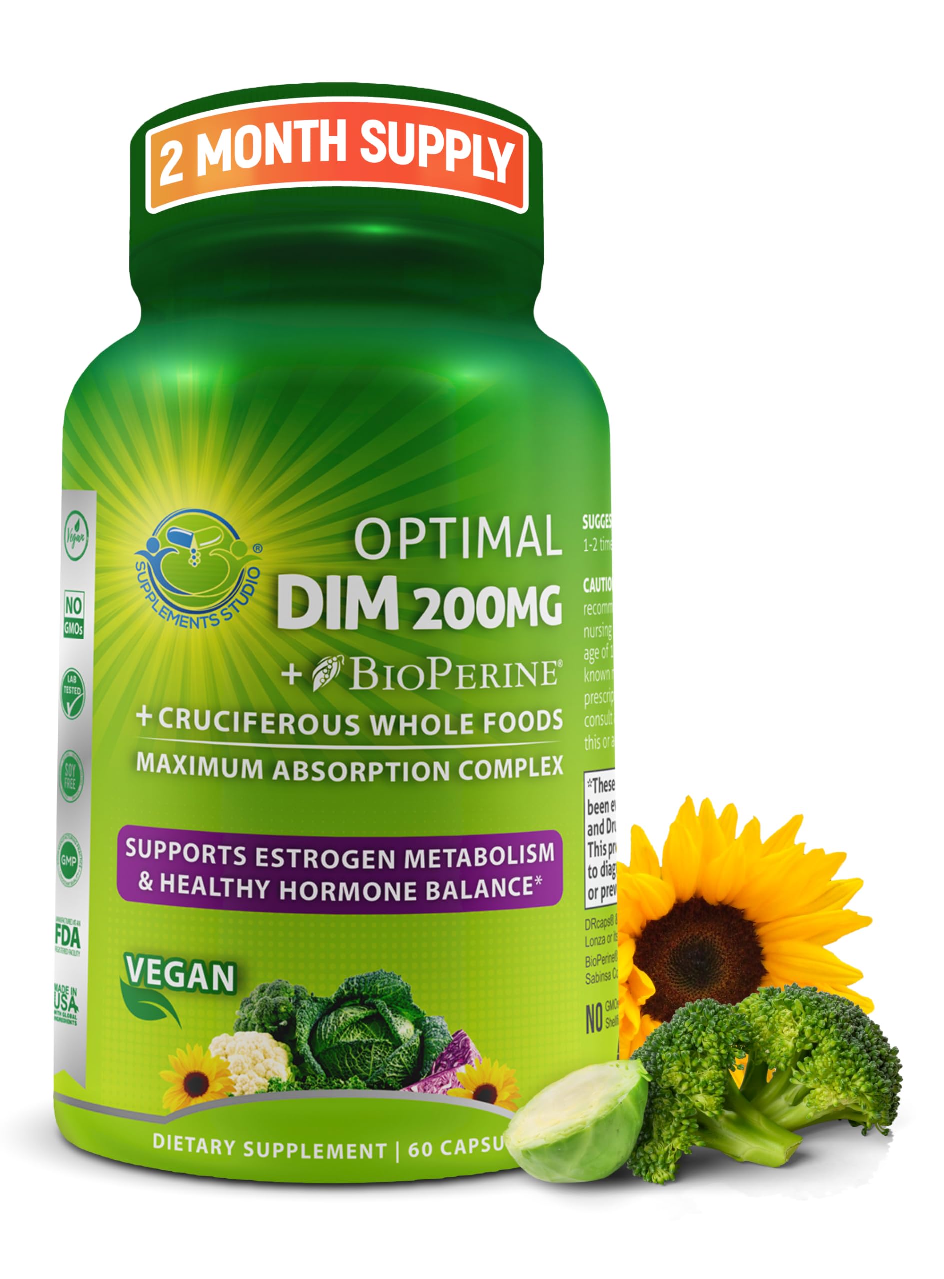 Optimal DIM 200mg Supplement for Women and Men - Made with Organic Whole Foods - Estrogen & Hormone Balance Support Diindolylmethane Complex - Maximum Absorption Delayed-Release Capsules - 60 Count SUPPLEMENTS STUDIOAu supplements
