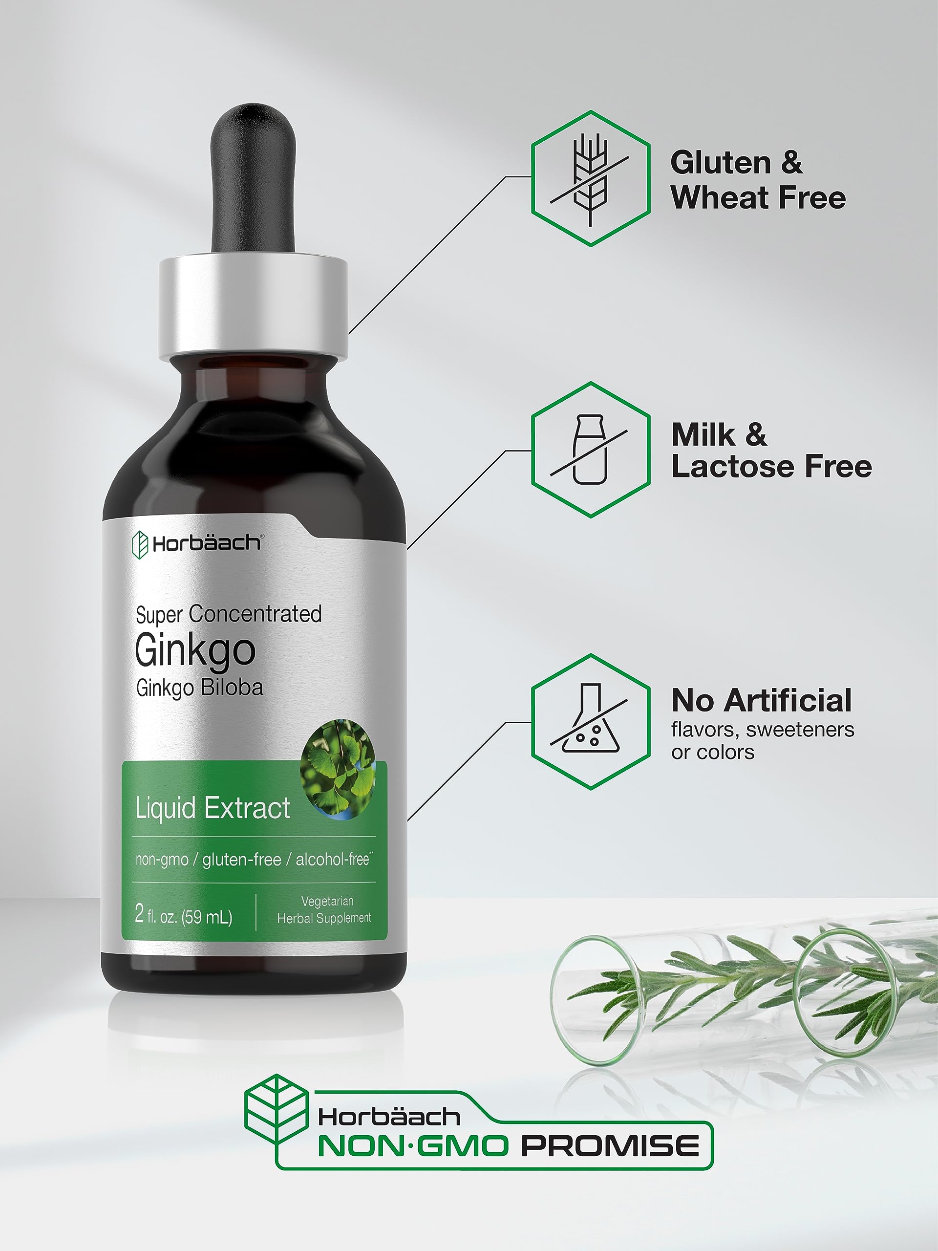 Ginkgo Biloba Extract Liquid 2 fl oz | Alcohol-Free Herb Supplement | Vegetarian HorbäachAu supplements